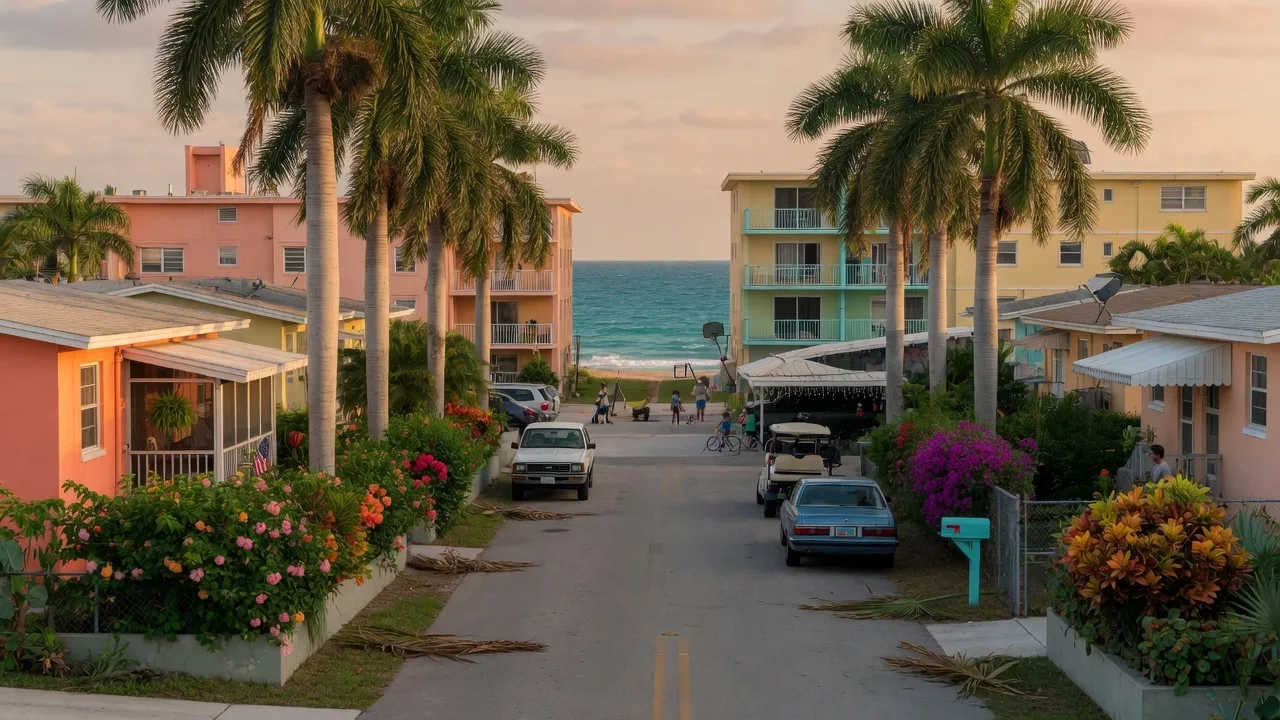 Deerfield Beach residential street with coastal charm and palm trees