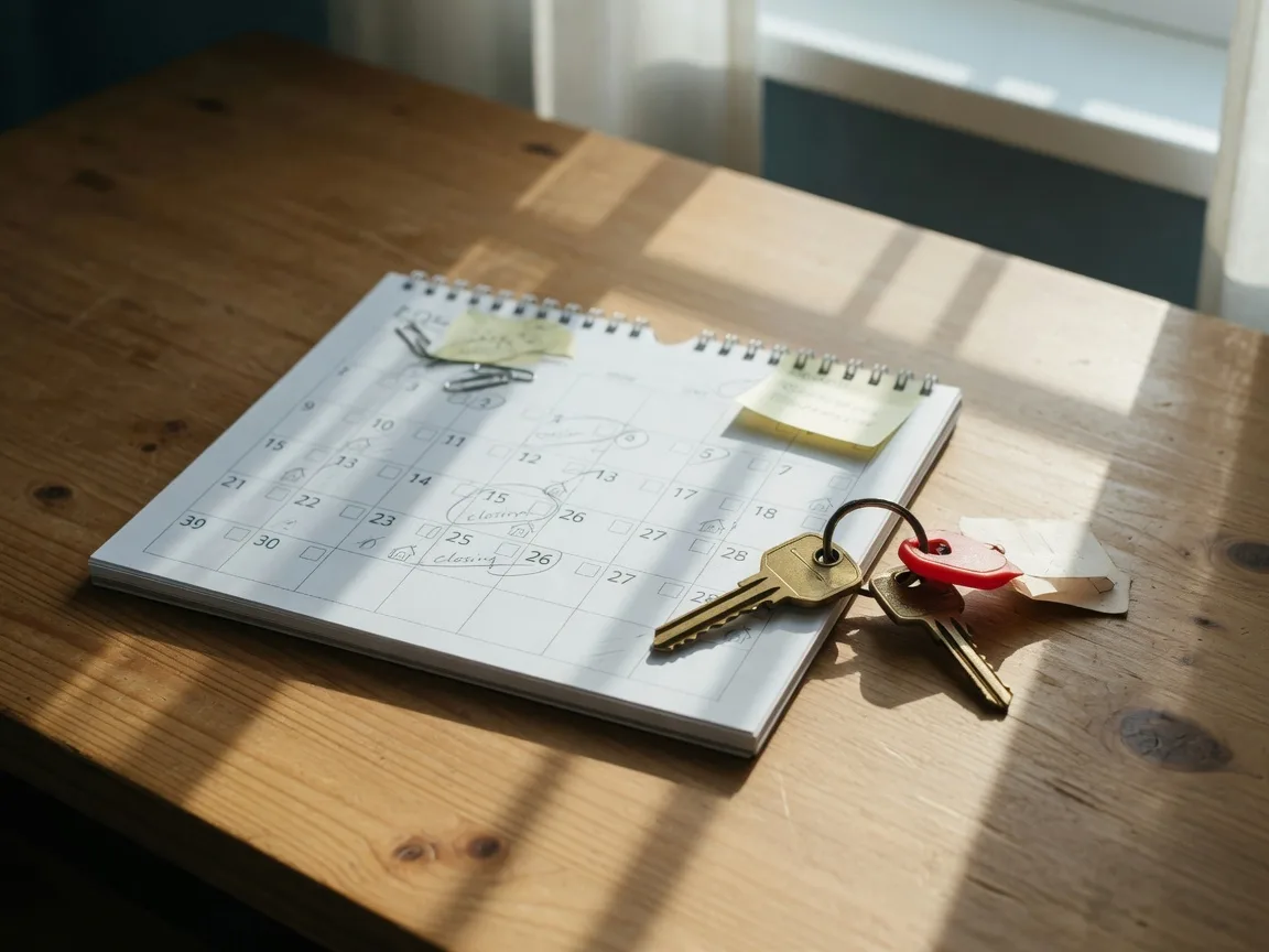 Calendar and house key representing the timeline of buying a home