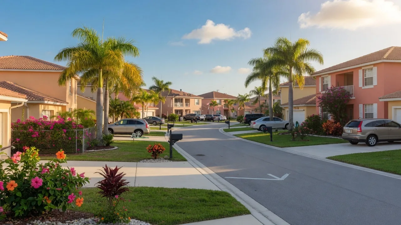 Sunny residential street in Boynton Beach with townhomes and palm trees