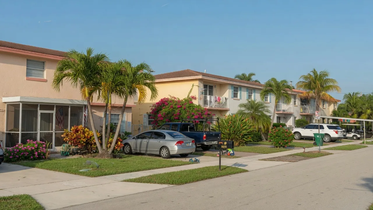 Quiet residential street in Deerfield Beach with modest homes, palm trees, and tropical landscaping