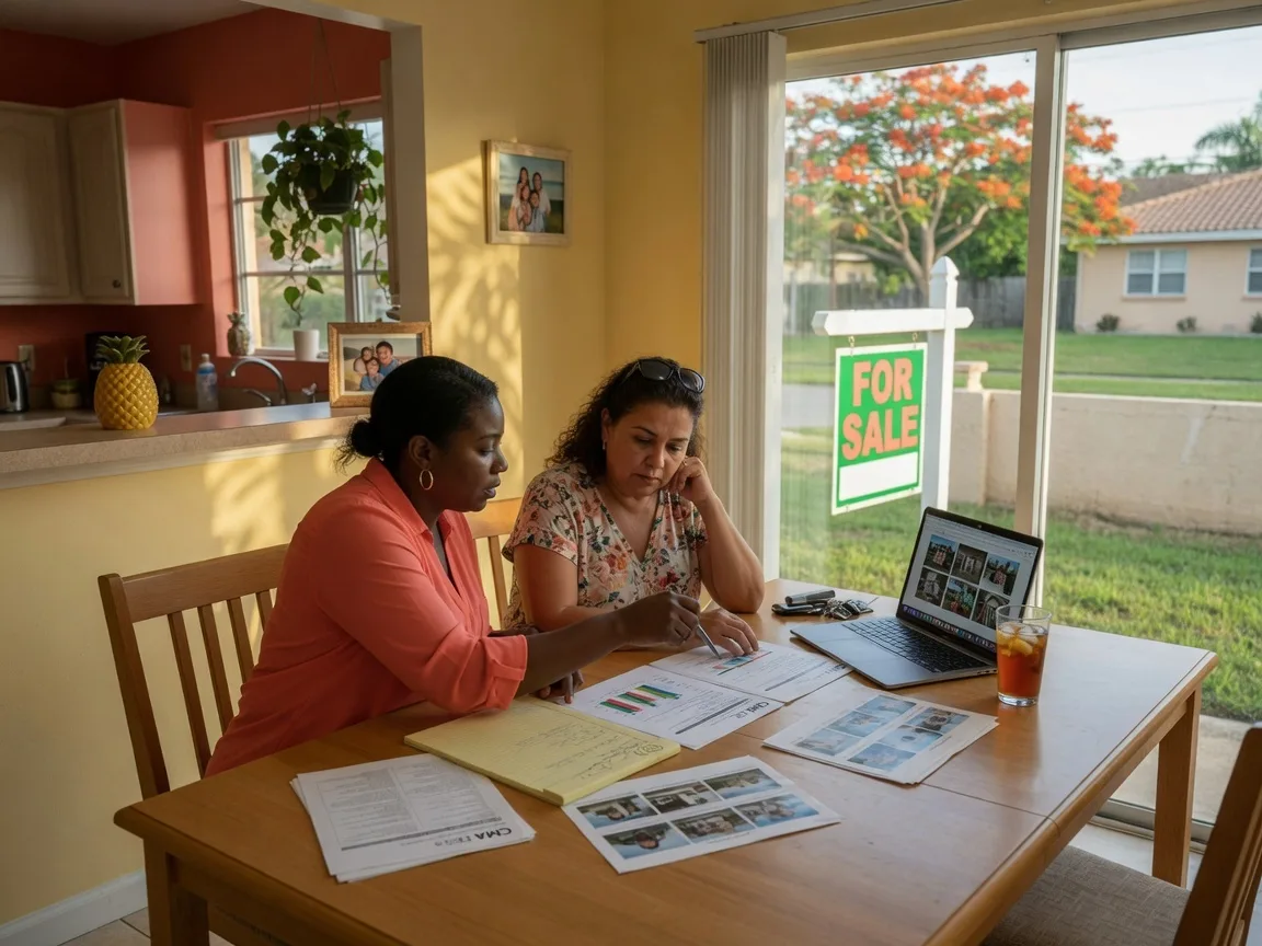 Real estate agent reviewing market analysis with a homeowner at a kitchen table