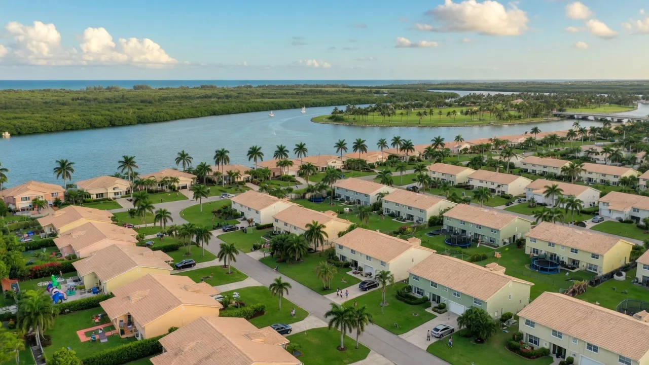 Aerial view of Boynton Beach neighborhoods with palm trees and waterways