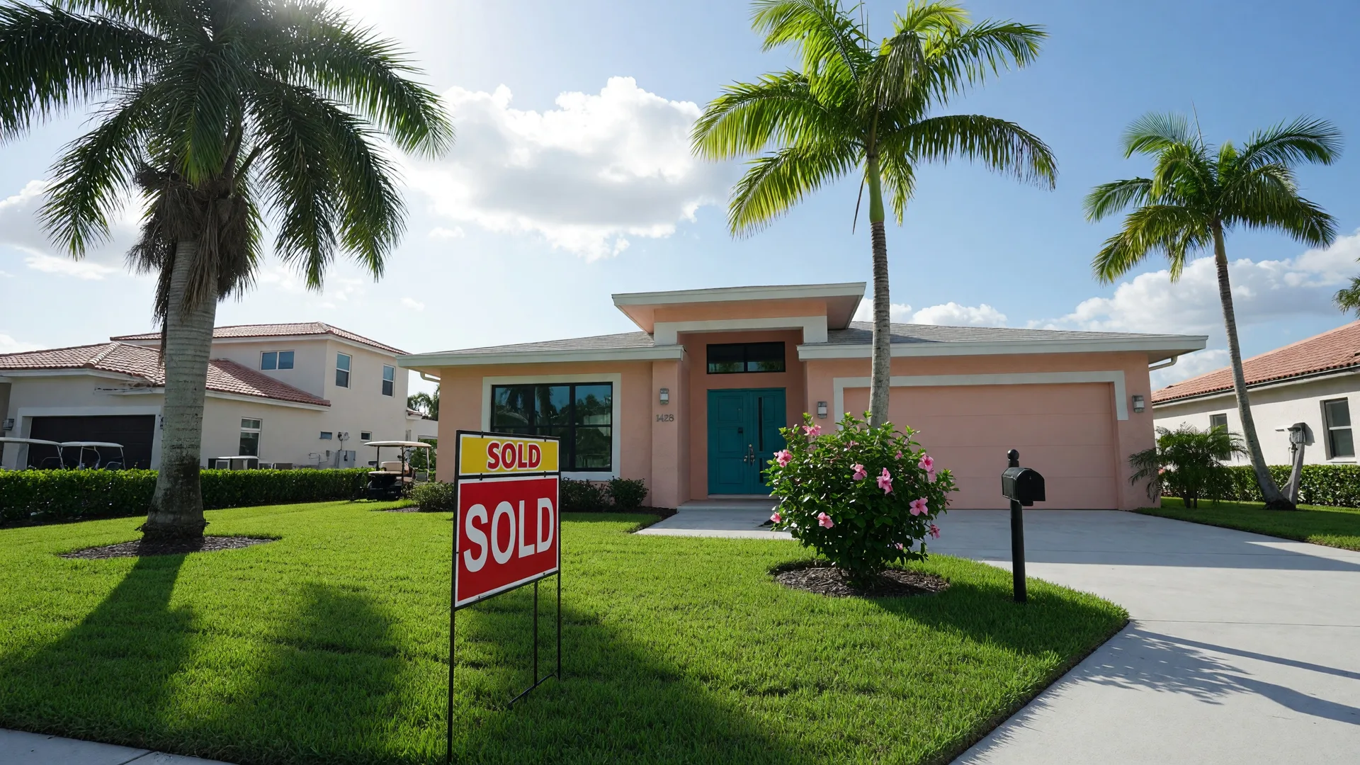 Florida home with SOLD sign and palm trees on a sunny day