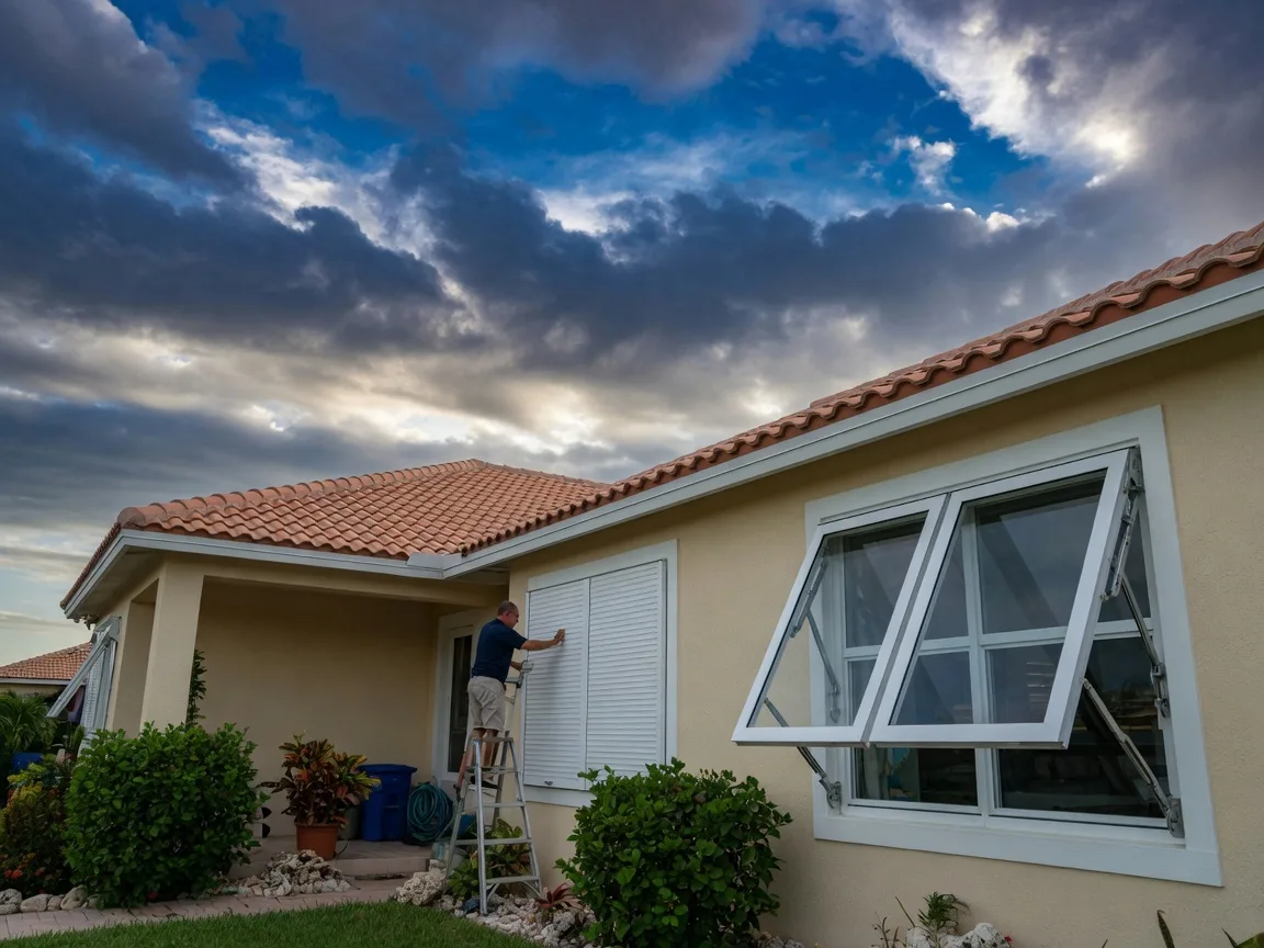 Hurricane shutters being closed on a Florida home