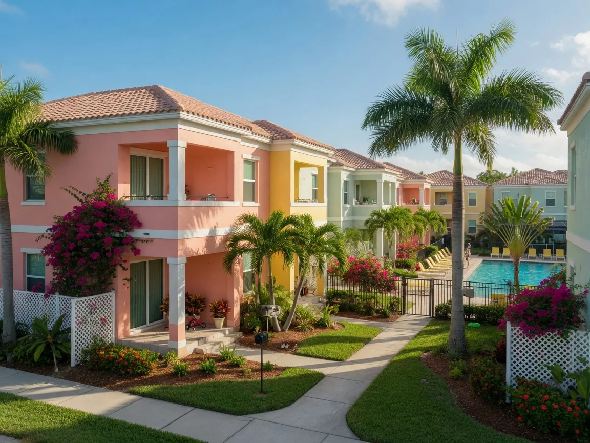Modern townhome community in Boynton Beach with tropical landscaping, pastel stucco facades, and a community pool area