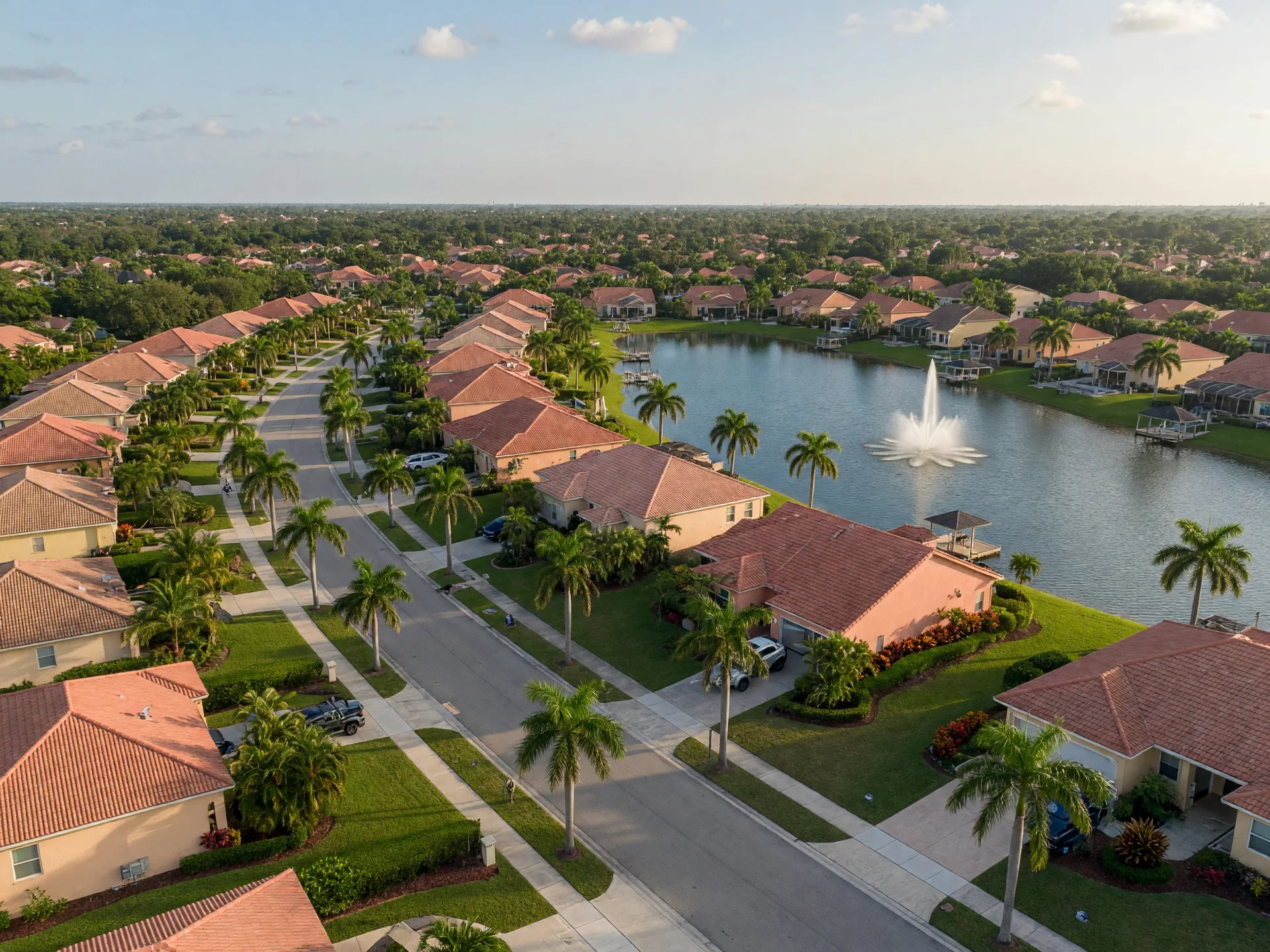 Aerial view of a well-planned Coconut Creek neighborhood with single-family homes, terracotta roofs, tropical landscaping, community lake, and palm tree-lined streets