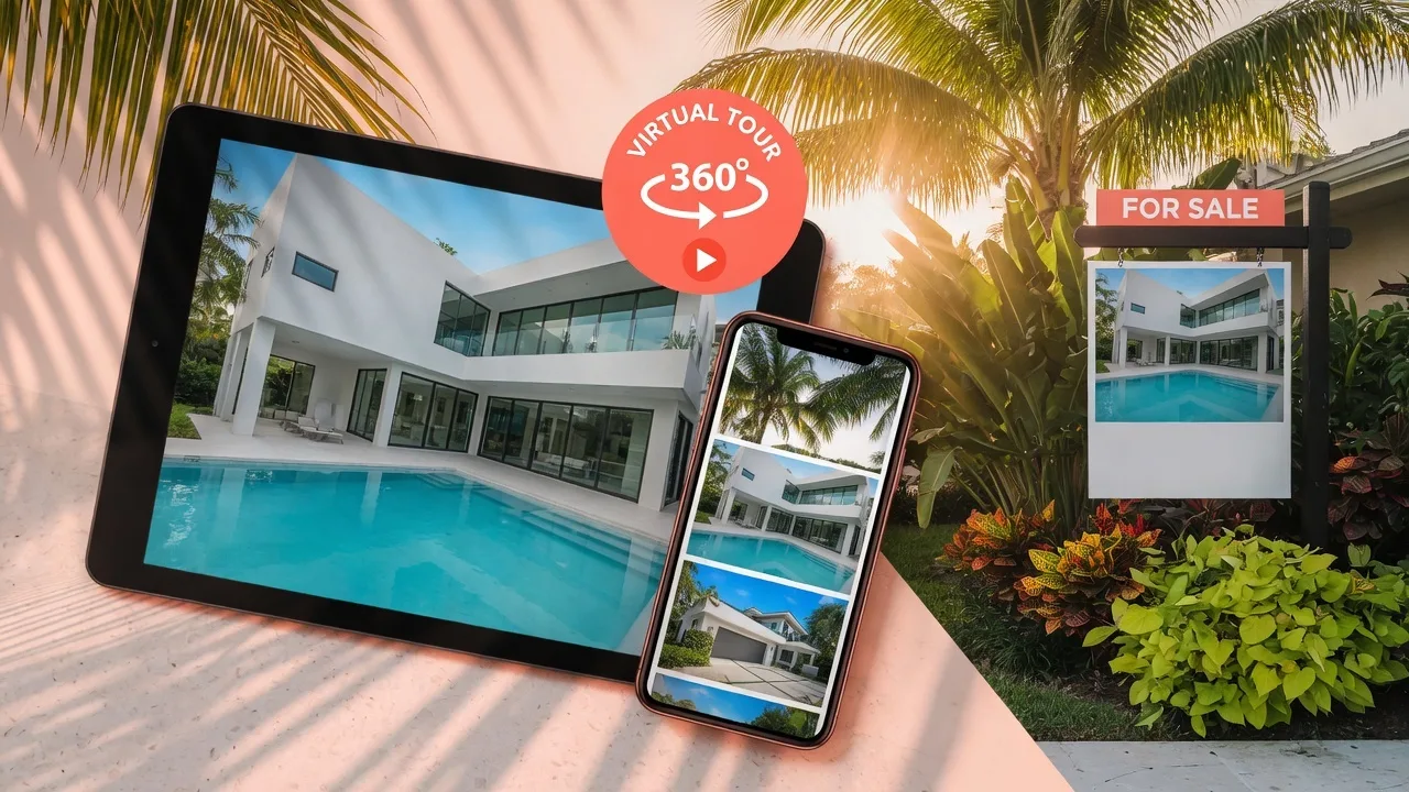 Professional real estate listing on a tablet and smartphone with modern marketing tools