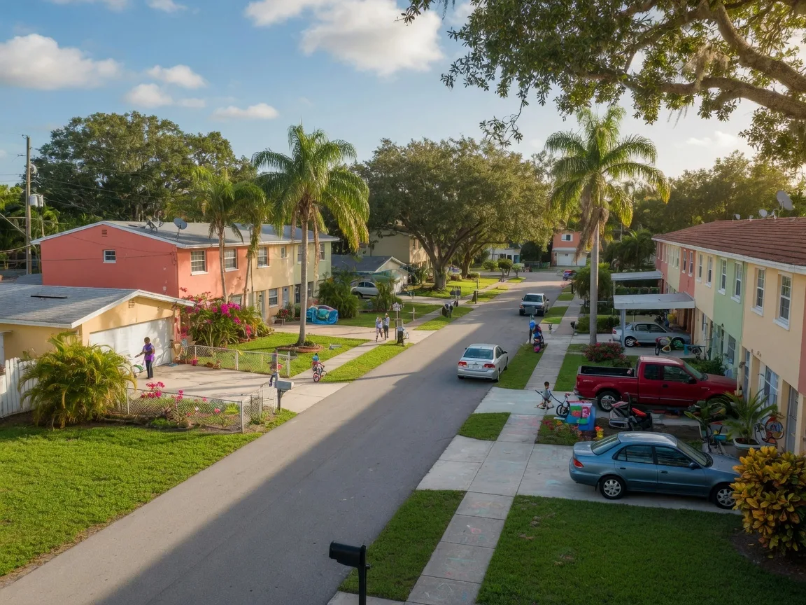 Quiet residential street in West Delray Beach with ranch-style homes and palm trees
