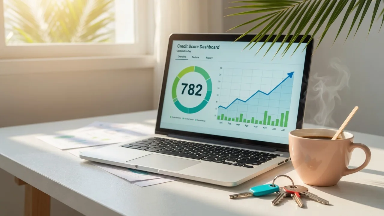 Credit score dashboard on laptop screen with house keys nearby
