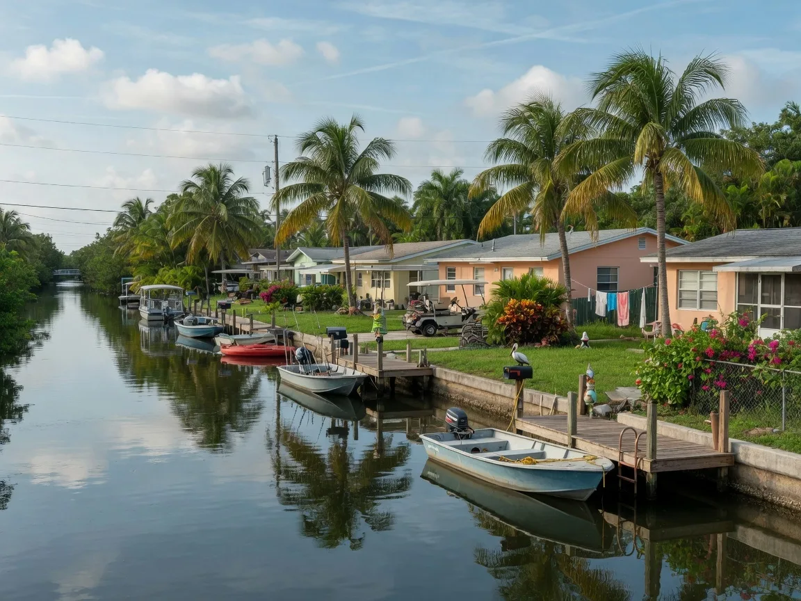 Waterfront canal scene in Hypoluxo, Florida with boats and tropical landscaping