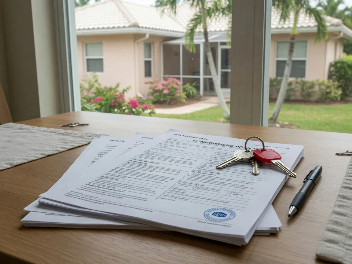 Homeowners insurance policy document with house key