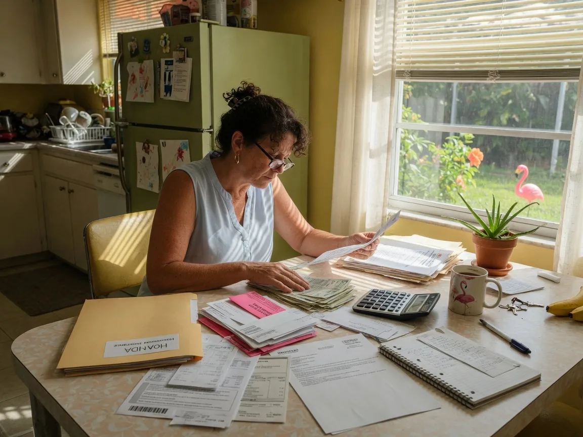 Homeowner reviewing bills and paperwork at a kitchen table