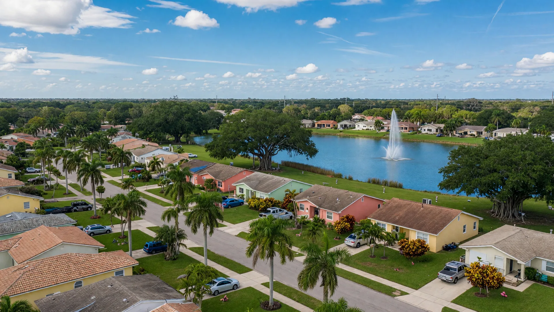Aerial view of a residential neighborhood in Margate, Florida, with single-family homes, terracotta and shingle roofs, tropical landscaping, palm trees, and quiet tree-lined streets