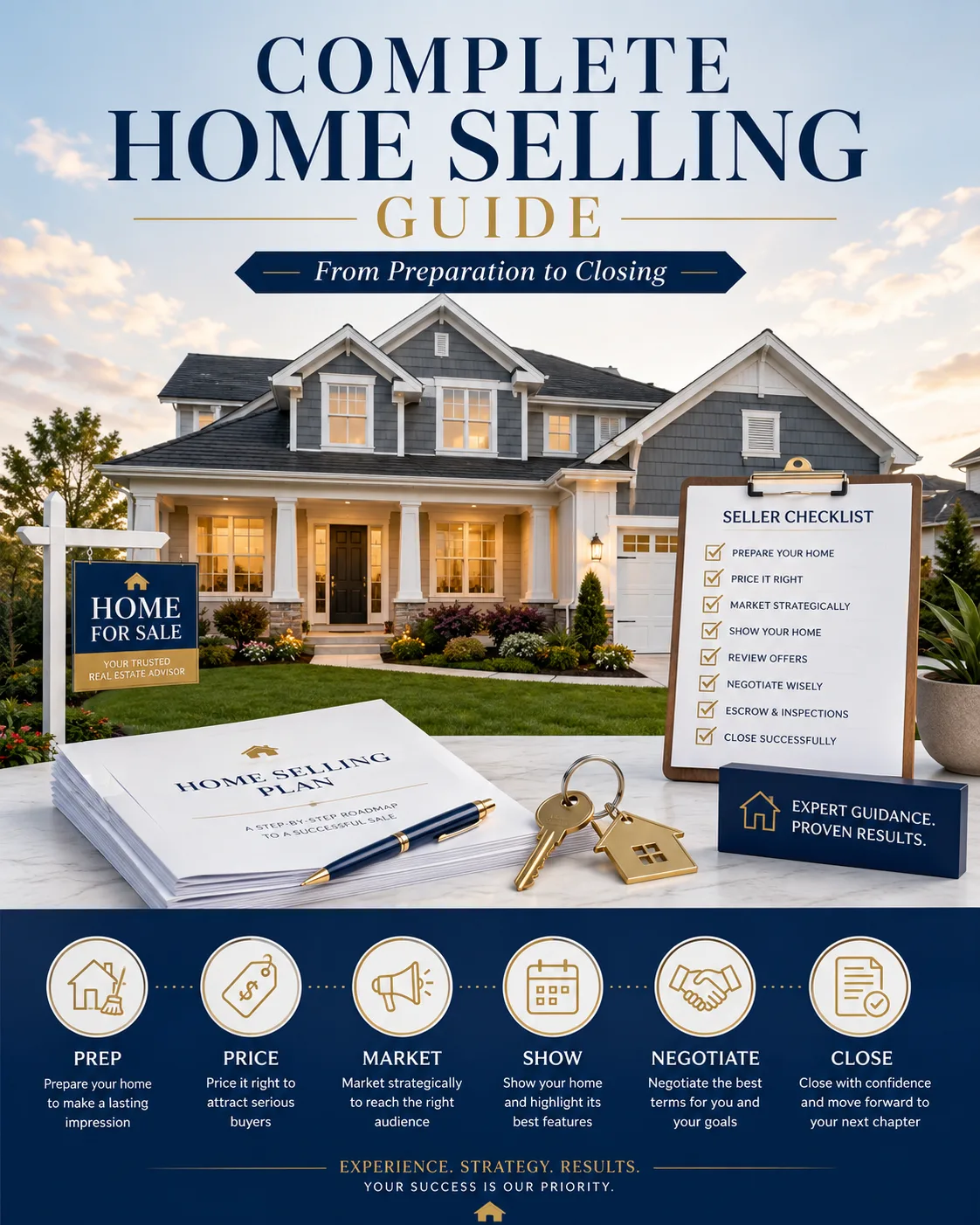 Complete Home Selling Guide graphic with checklist, house keys, and step-by-step process