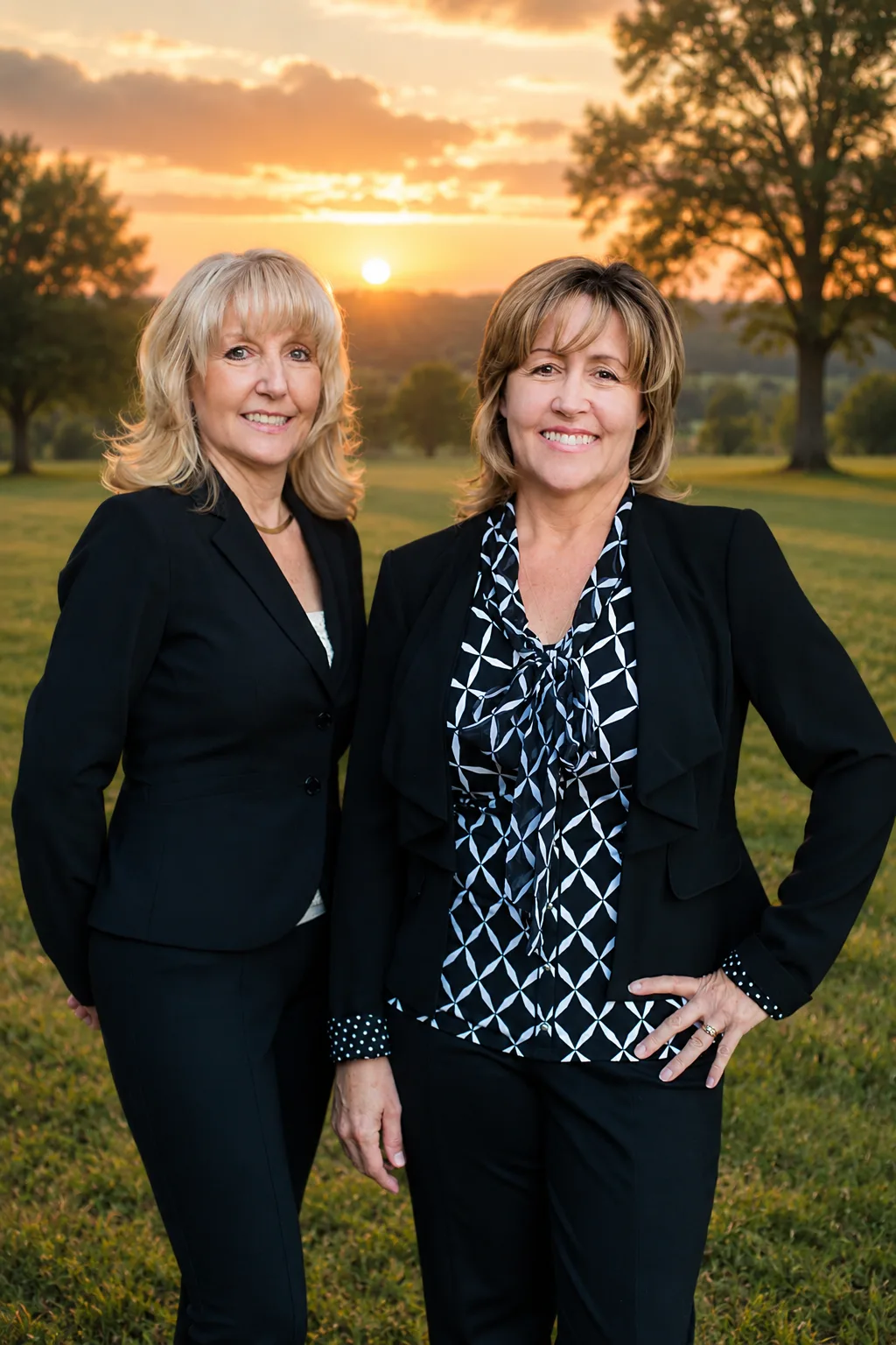 Laura Holbert and Cheryl Shadden of Team Integrity Realty standing side by side with a golden sunset over a field in the background