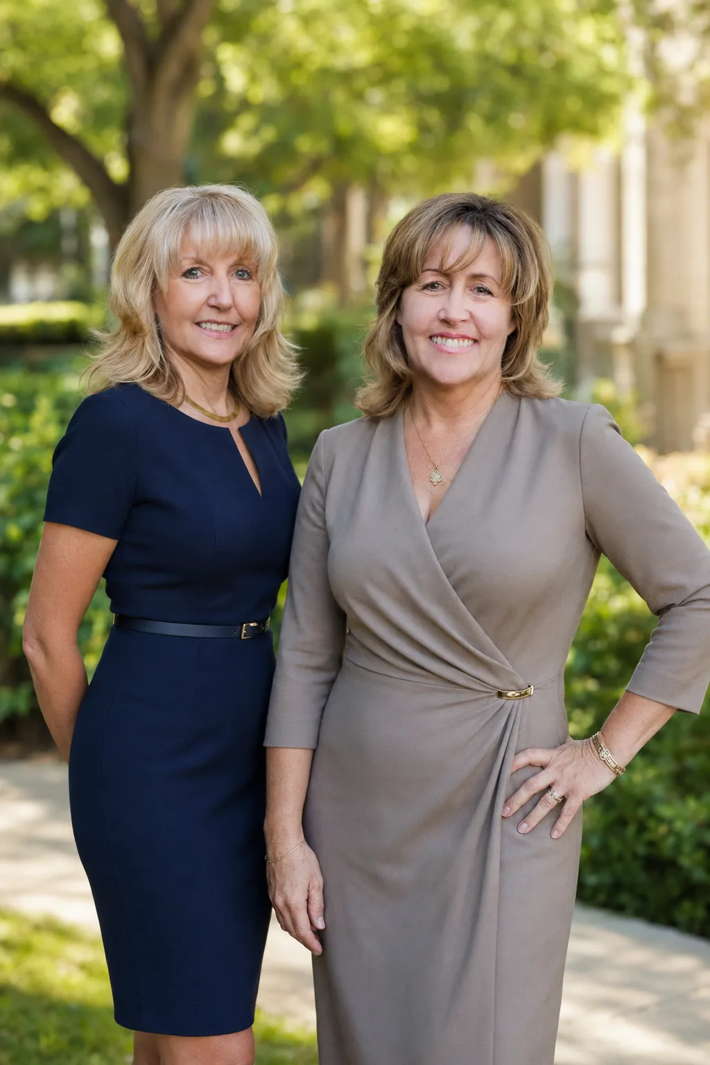 Laura Holbert and her colleague posing together in an outdoor garden setting