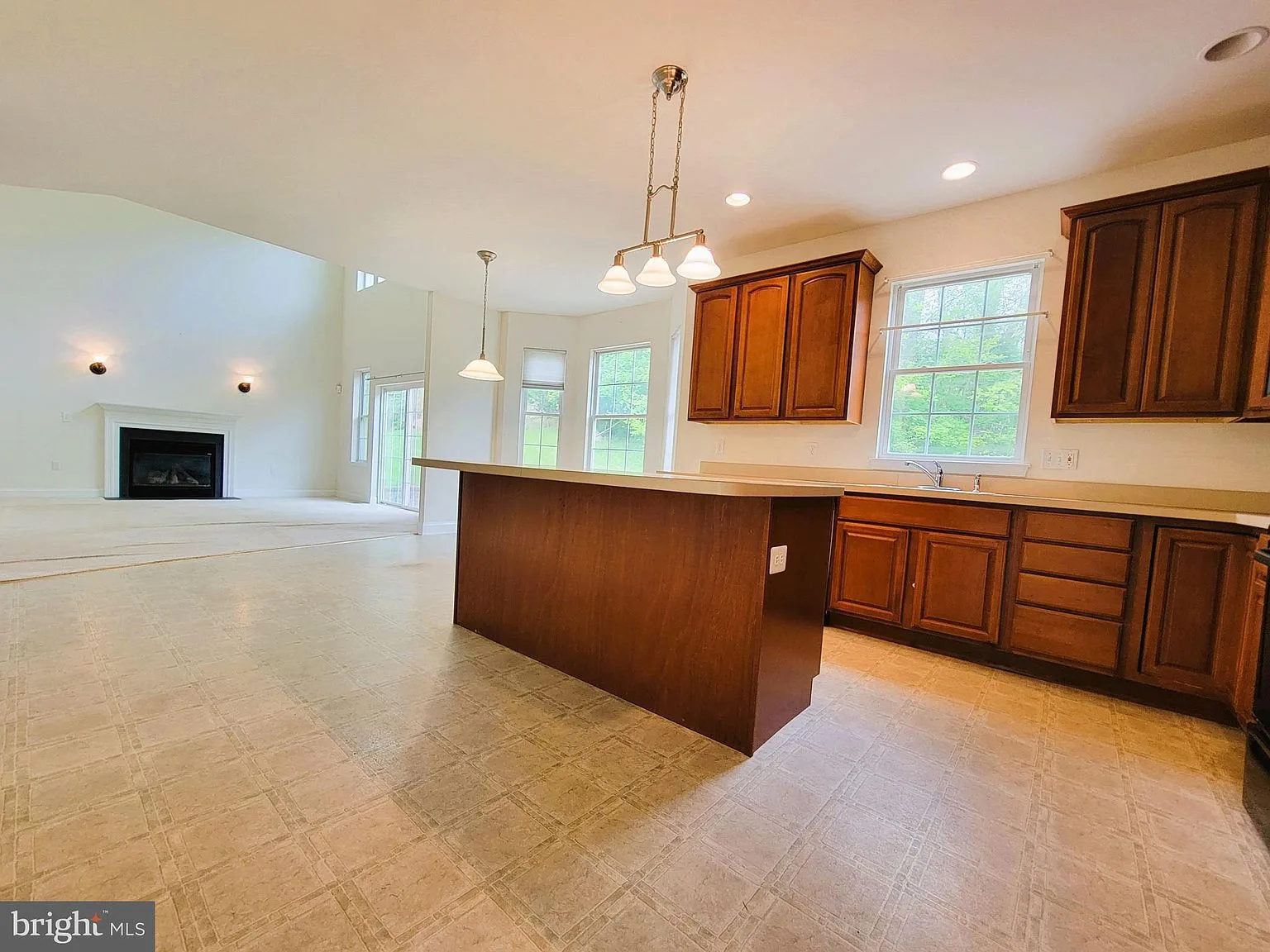 Kitchen open to living space with wood cabinetry