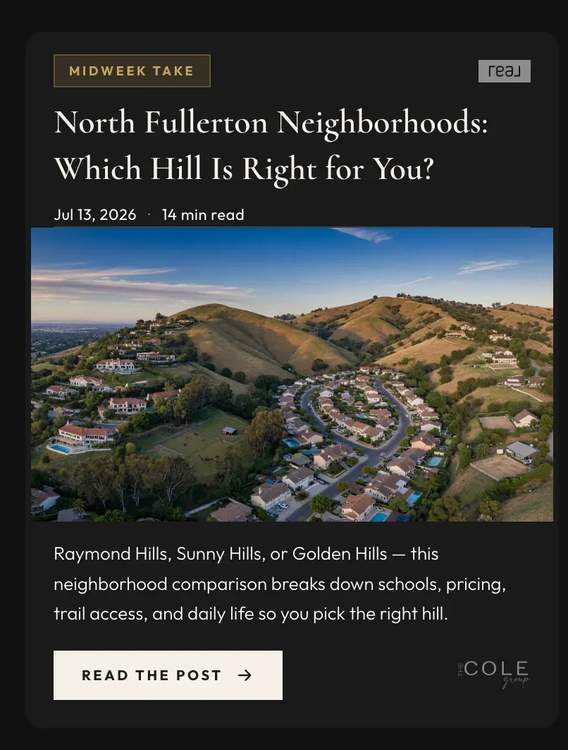 Aerial view of the Fullerton Hills neighborhoods at golden hour