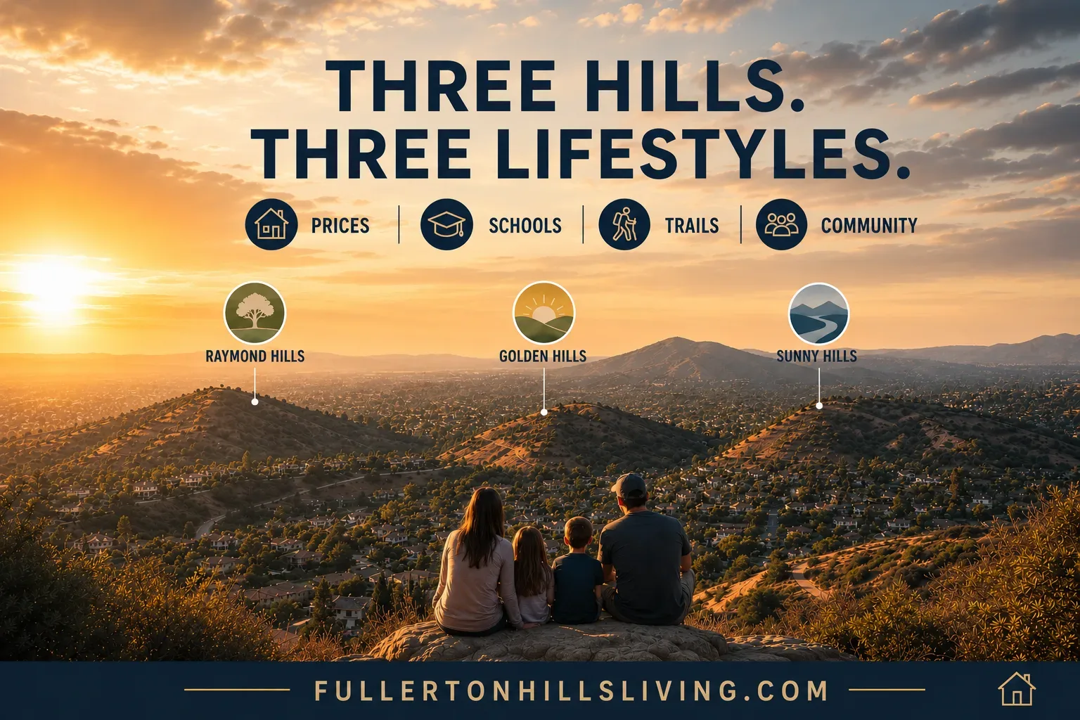 Infographic showing a family overlooking the valley with the headline Three Hills, Three Lifestyles — Raymond Hills, Sunny Hills, and Golden Hills