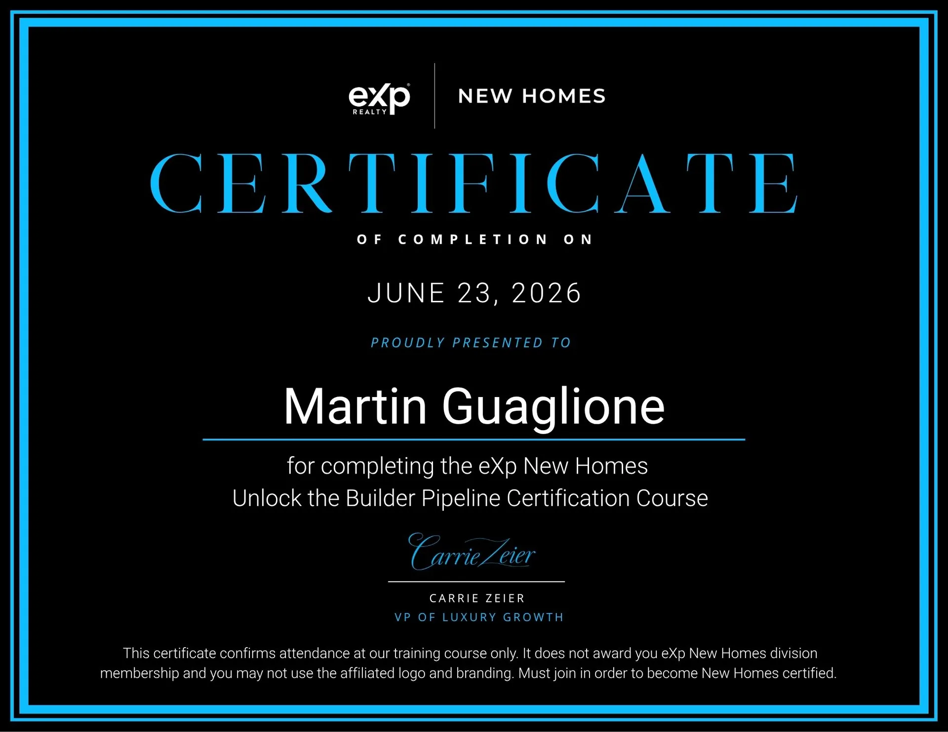 eXp New Homes Builder Pipeline Certification — Certificate of Completion awarded to Martin Guaglione