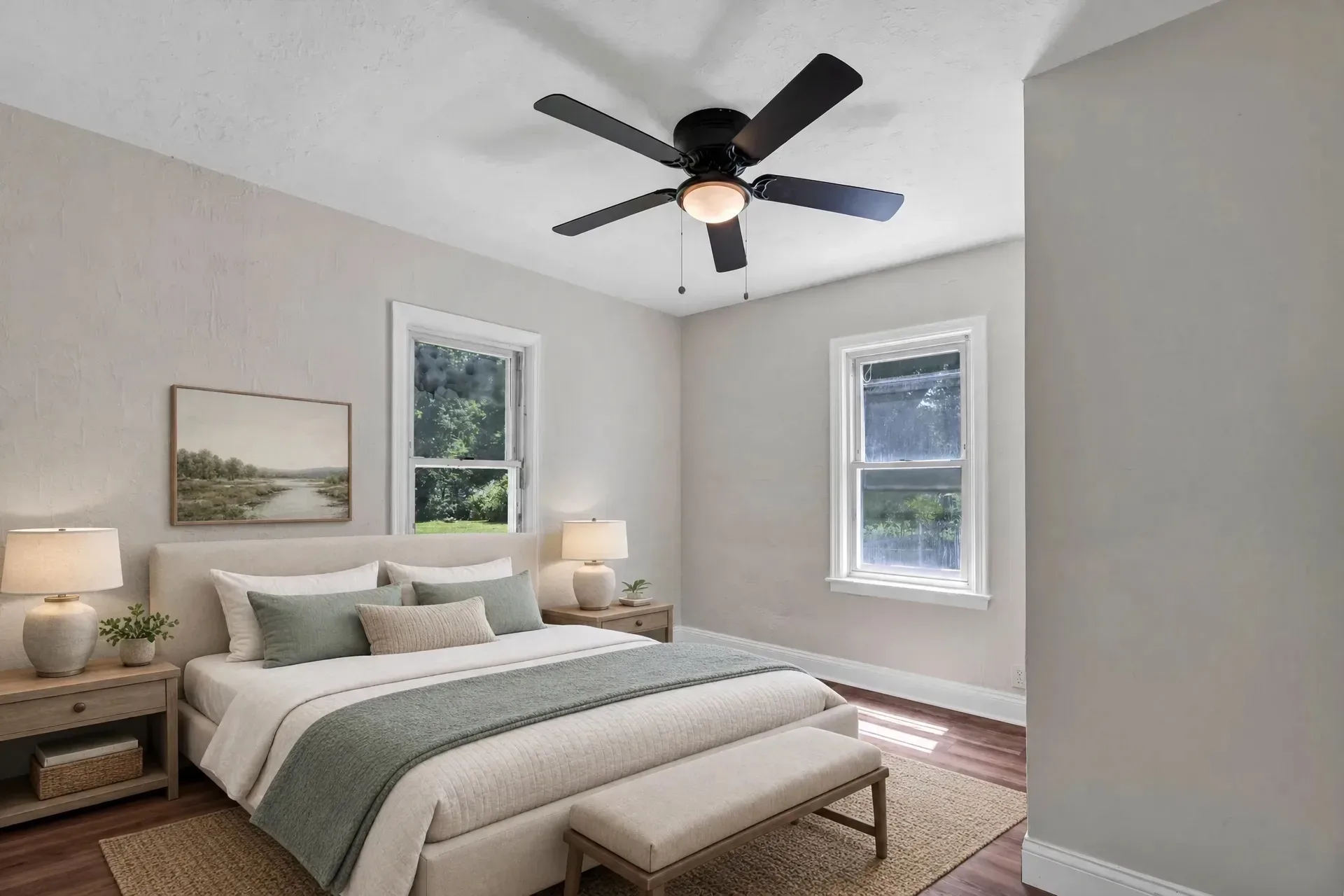 Primary bedroom staged with bed frame, bedding, nightstands, lamps, area rug, and wall art