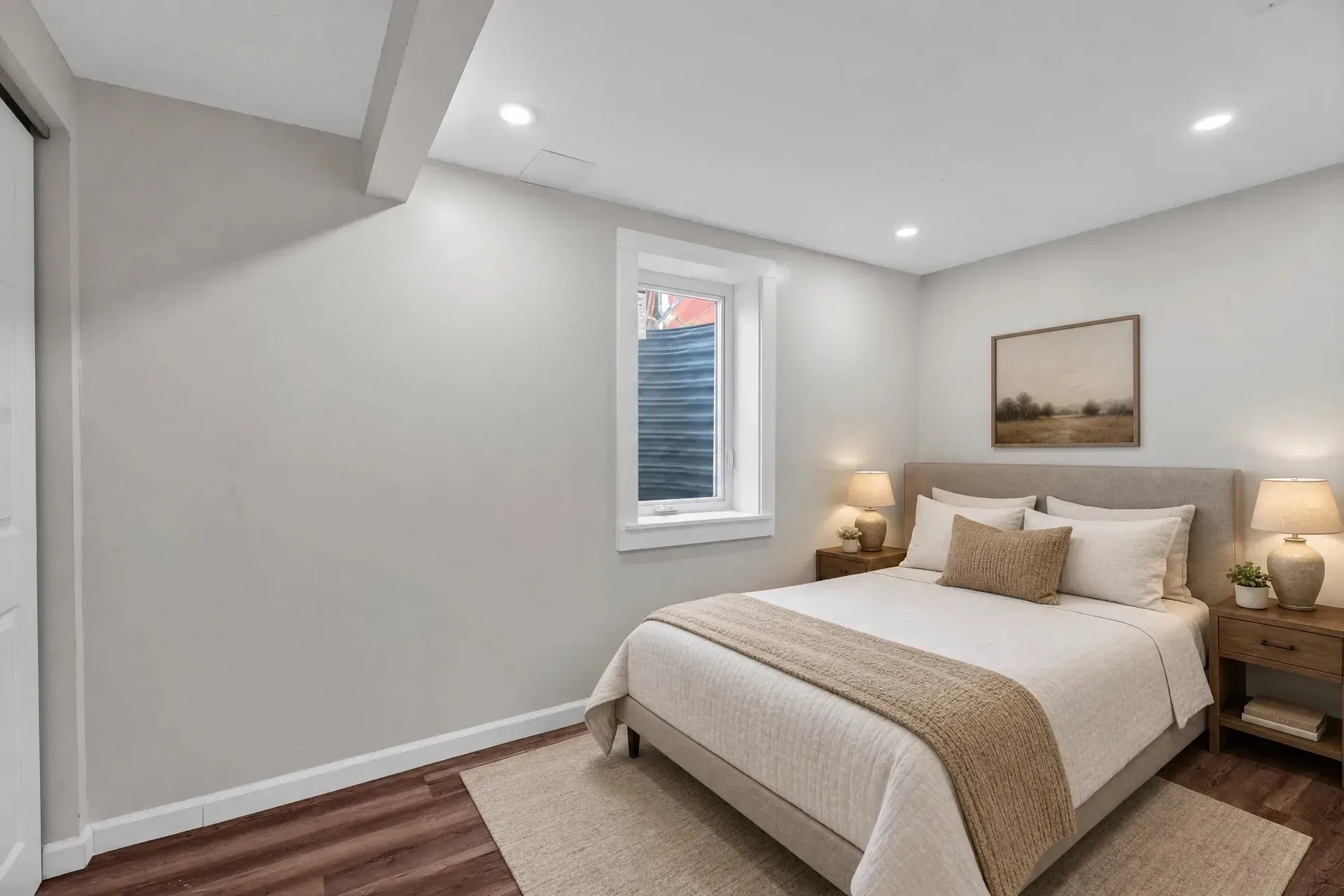 Basement bedroom with bed, bedding, nightstands, lamps, and wall art, with recessed ceiling lights