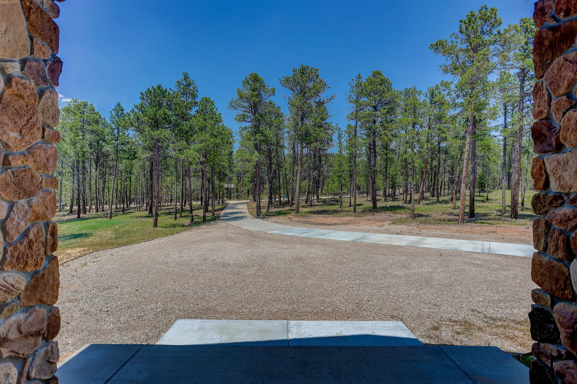 View from the front porch looking out to gravel driveway and pine forest