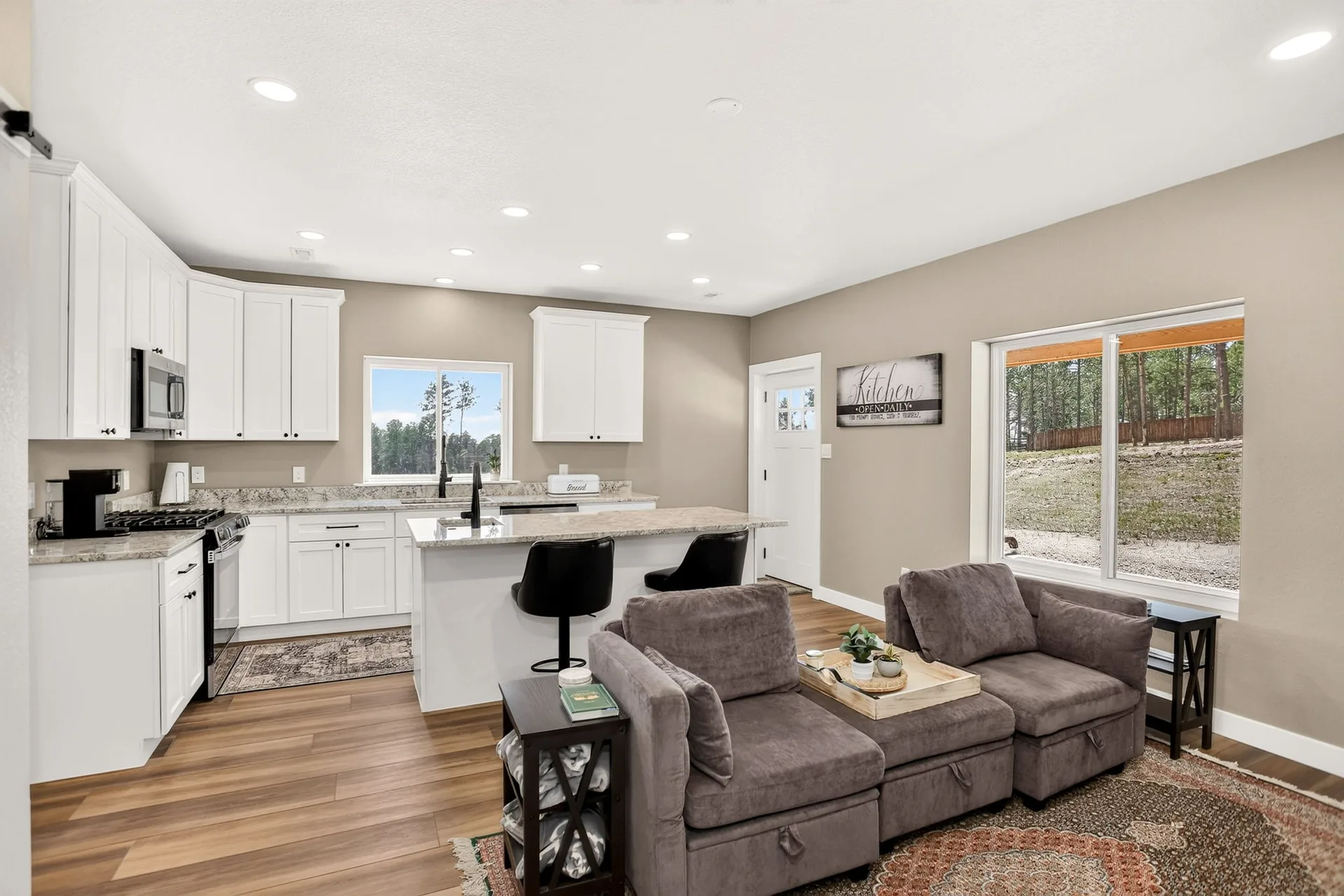 Kitchen and living room combo with island