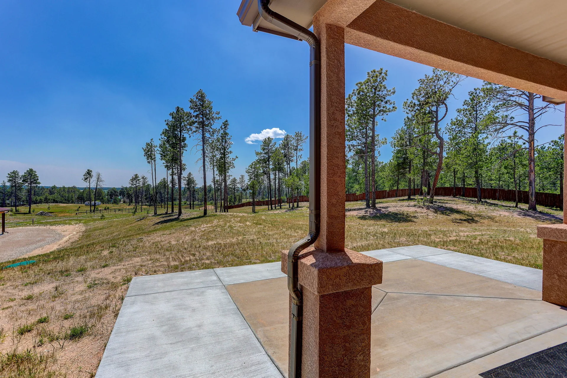 Covered back patio overlooking expansive pine-covered landscape