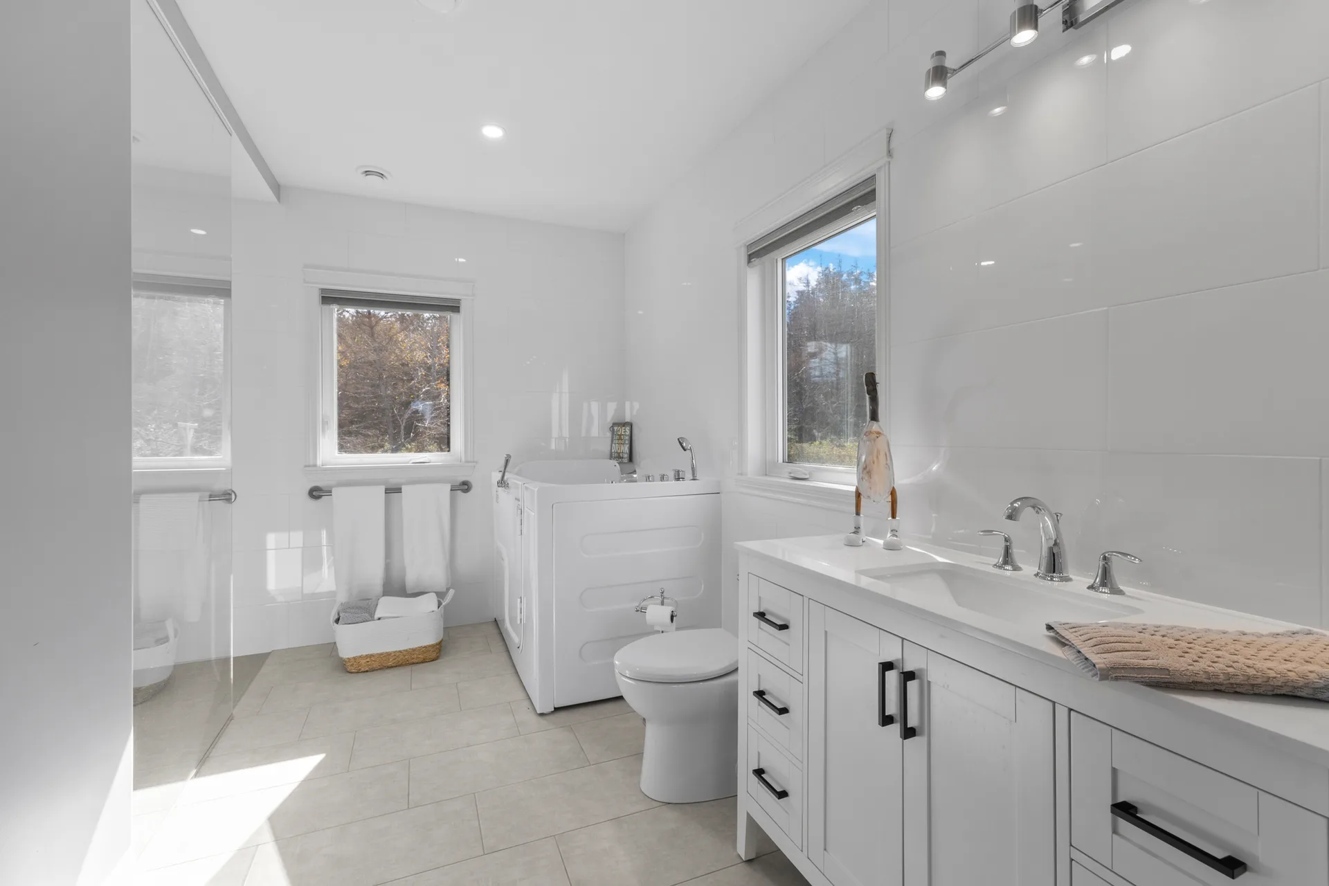Primary ensuite bathroom with glass shower and walk-in tub