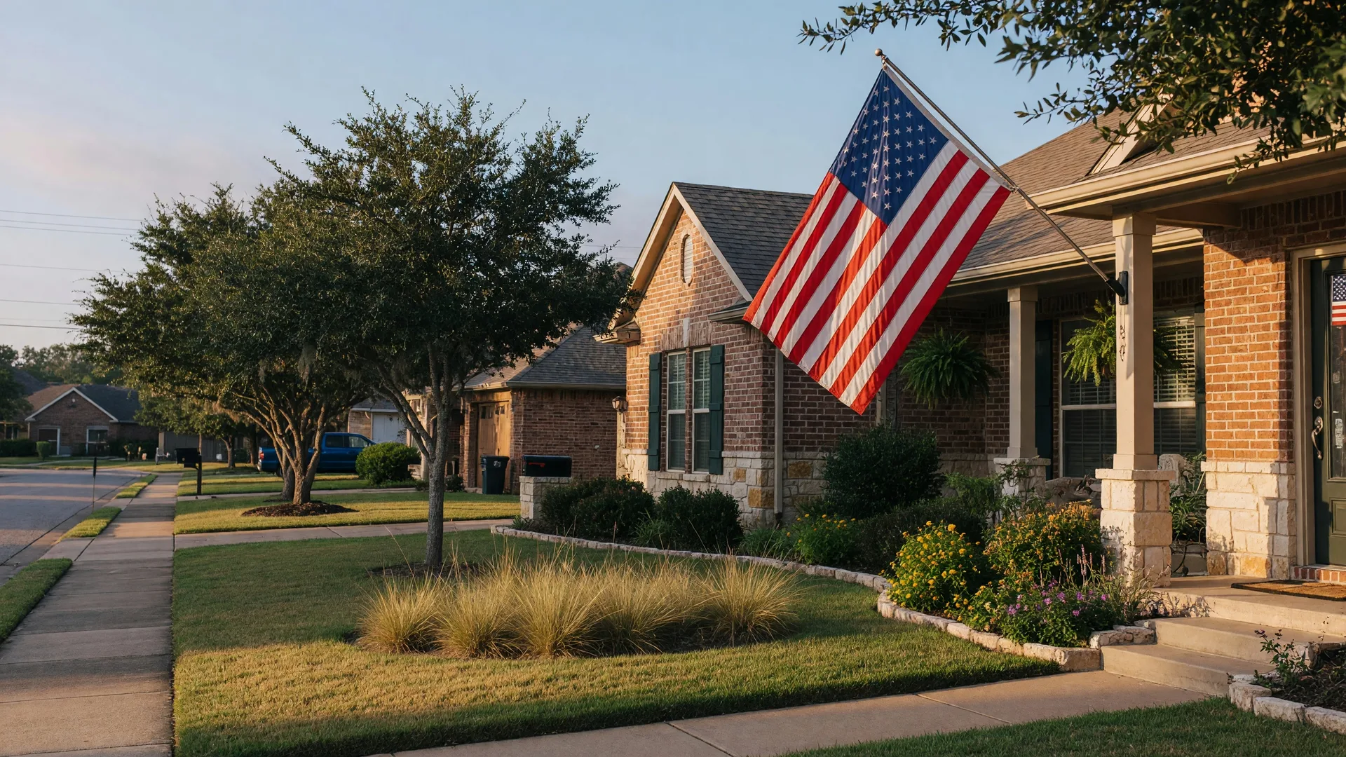 American flag in front of a Texas home in Brenham, representing the military homebuying community
