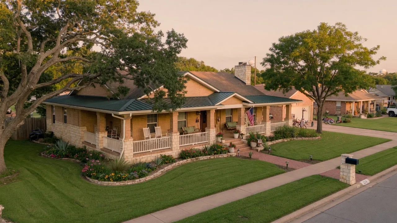 Texas ranch-style home with wide front porch and mature trees