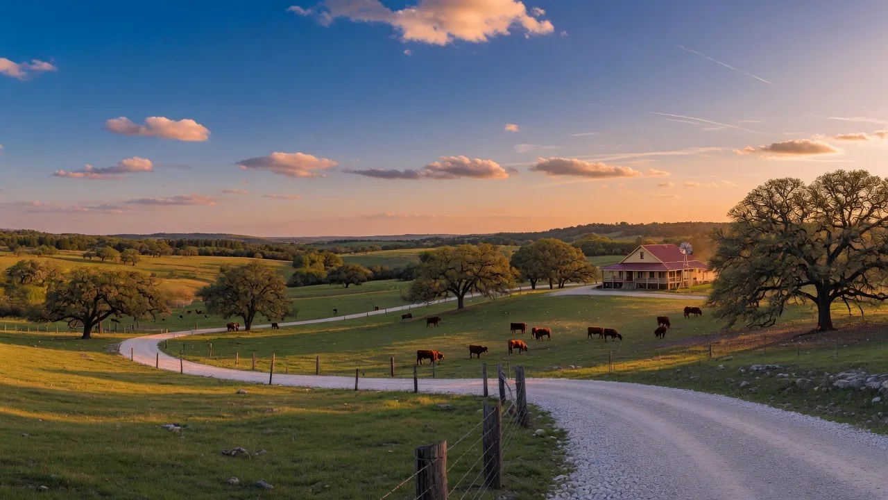 Rolling Texas hill country acreage with scattered cattle and live oaks