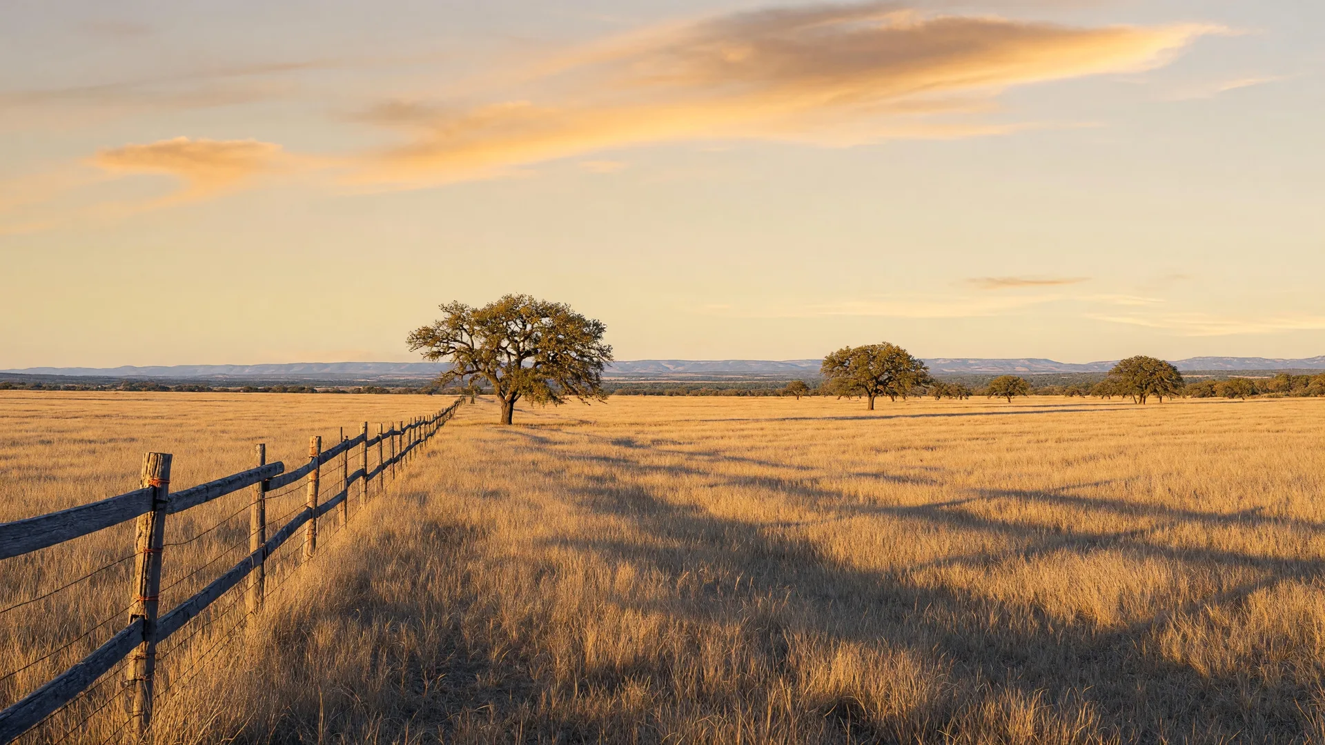 Open Texas rangeland at golden hour with fence line stretching to distant ridges