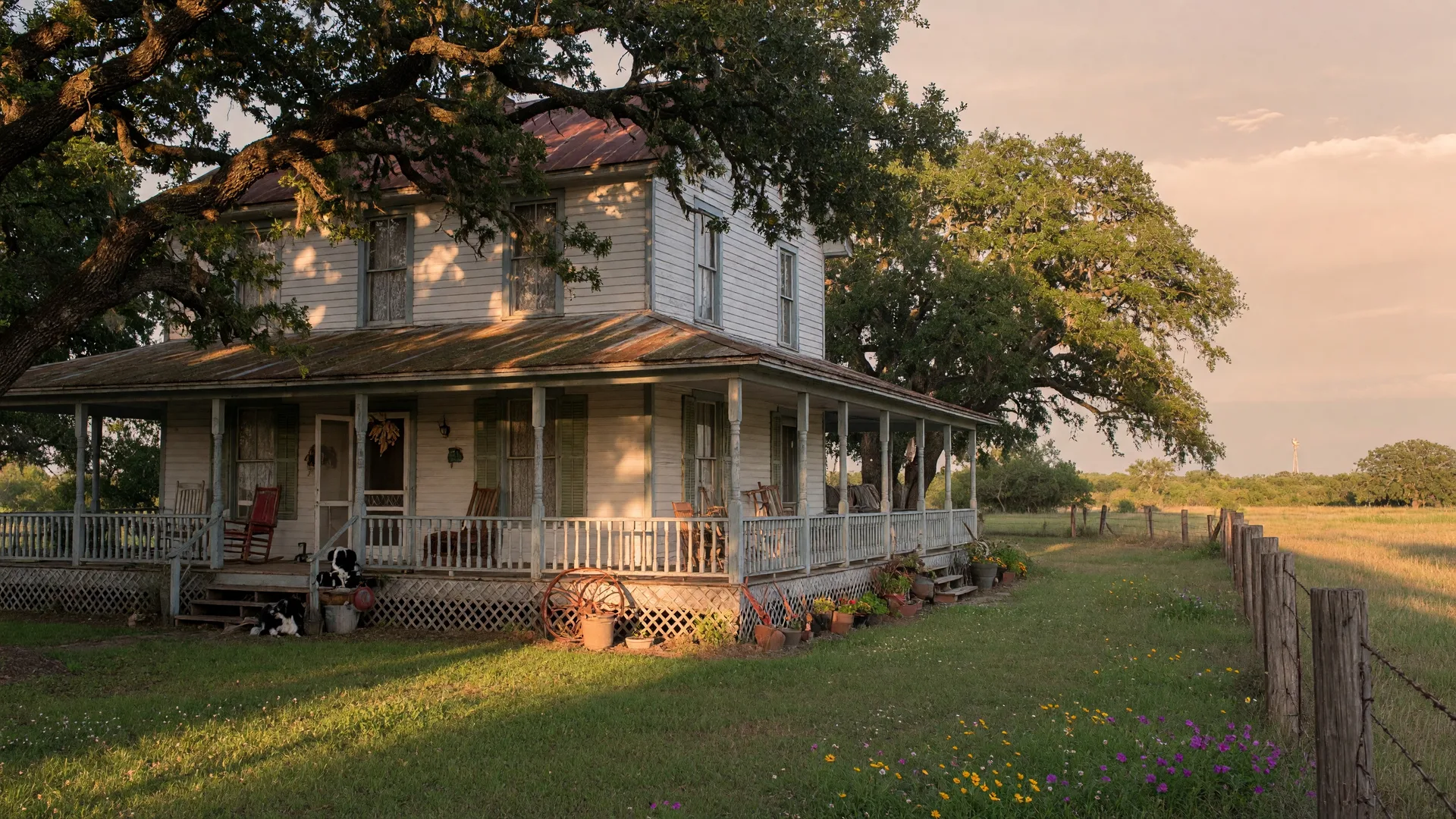 Peaceful Texas farmhouse with wrap-around porch on a rural property