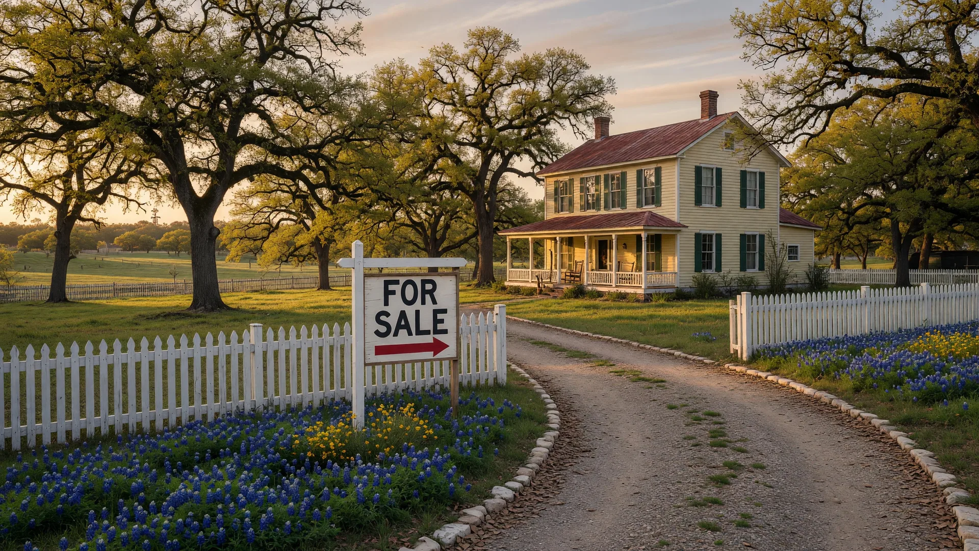 Historic Texas farmhouse on a rural property in Washington County with pastoral landscaping