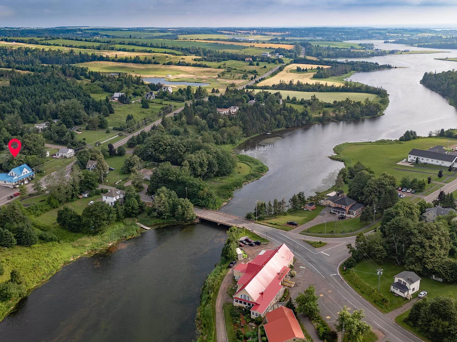 Aerial view of property showing the River Clyde and surrounding PEI countryside