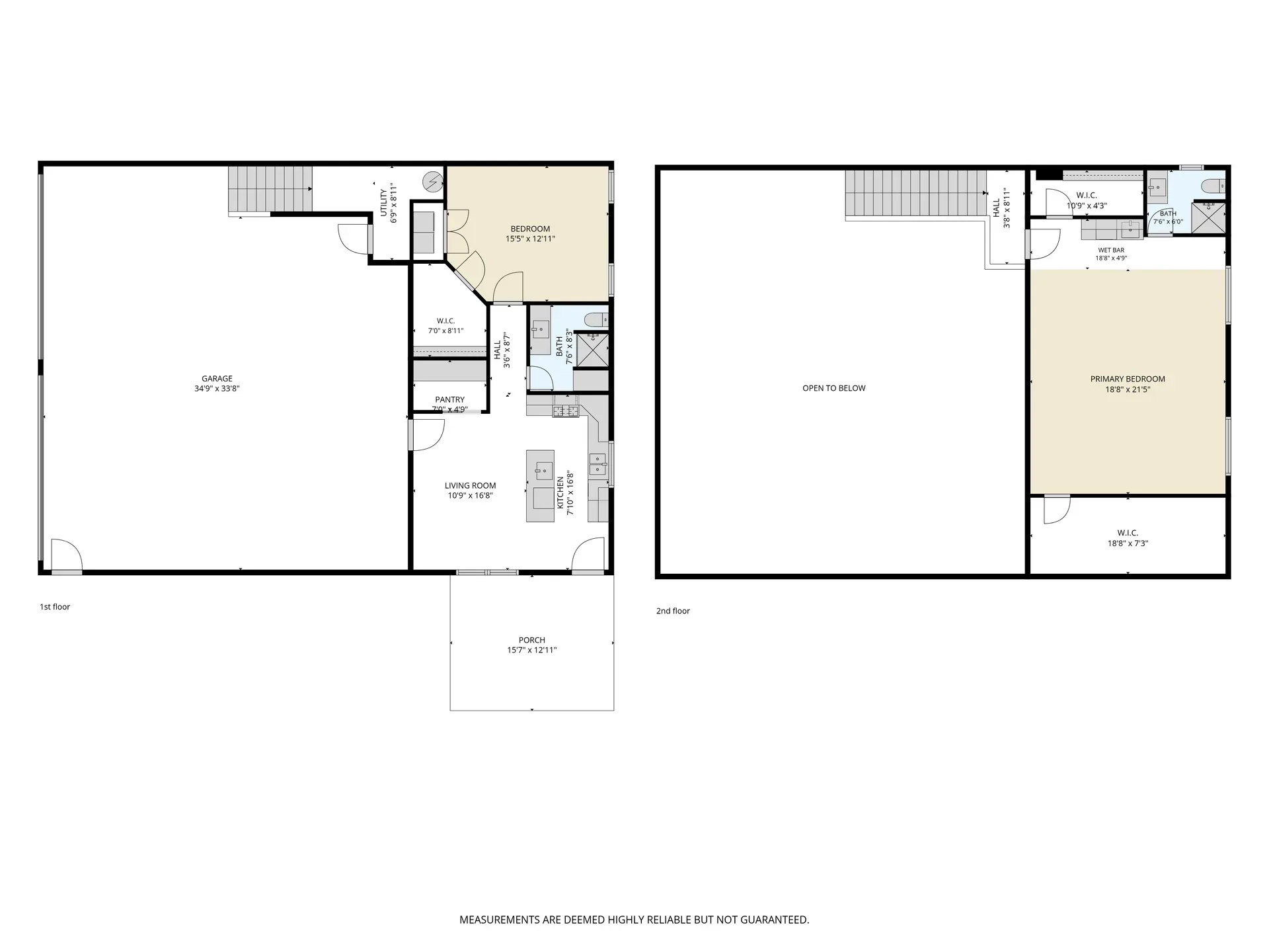 Shop Overview Floor Plan (1st & 2nd Floor) illustrating the full two-level layout with garage, kitchen, living, bedroom, open loft, and primary suite