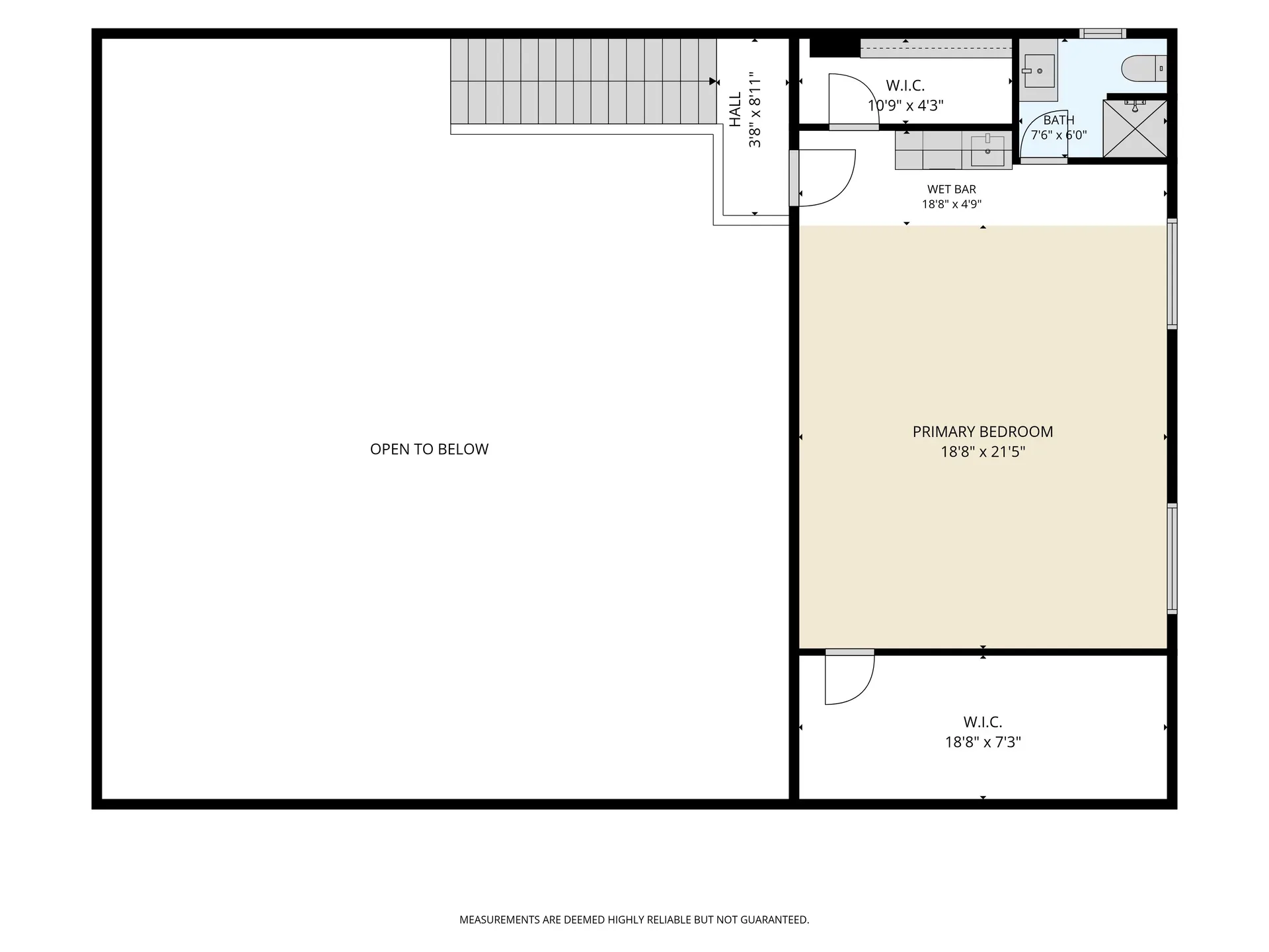 Shop Upper Level / Loft Floor Plan showing open to below area, primary bedroom, walk-in closet, wet bar, hall, and bathroom