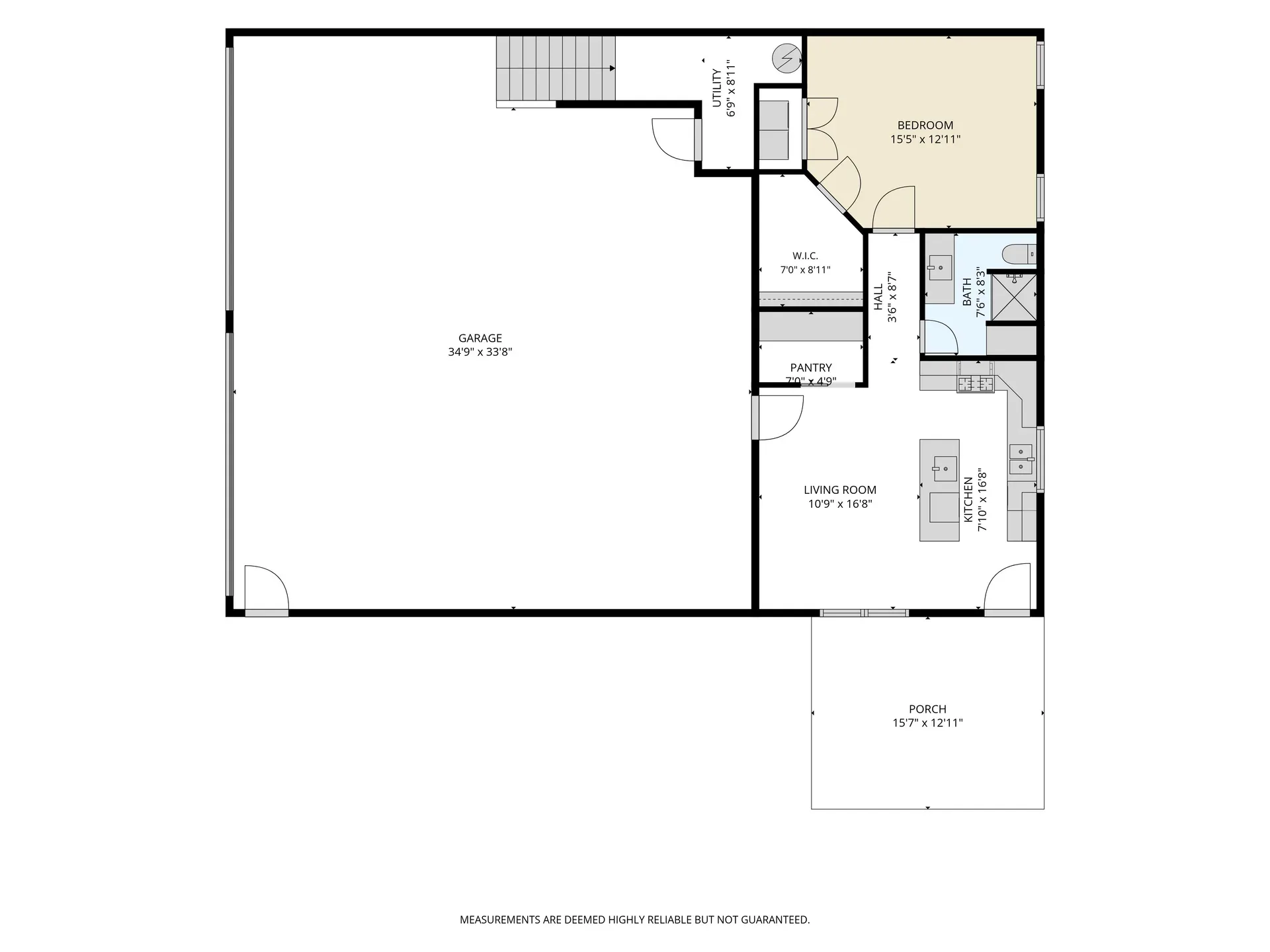 Shop Main Level Floor Plan showing garage, living room, kitchen, bedroom, walk-in closet, pantry, utility room, bath, and porch