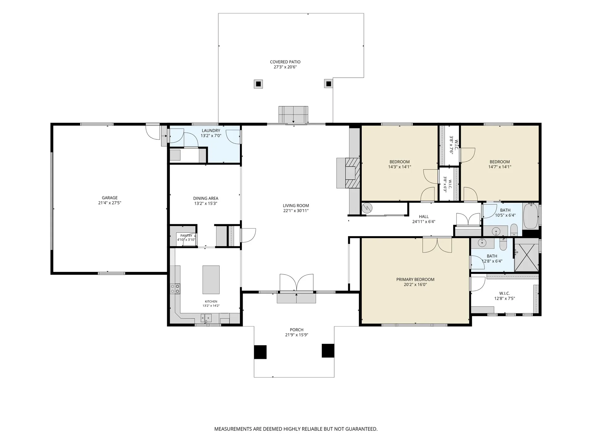 Home Floor Plan showing the residential layout with living room, kitchen, dining area, three bedrooms, bathrooms, laundry room, garage, front porch, and back covered patio