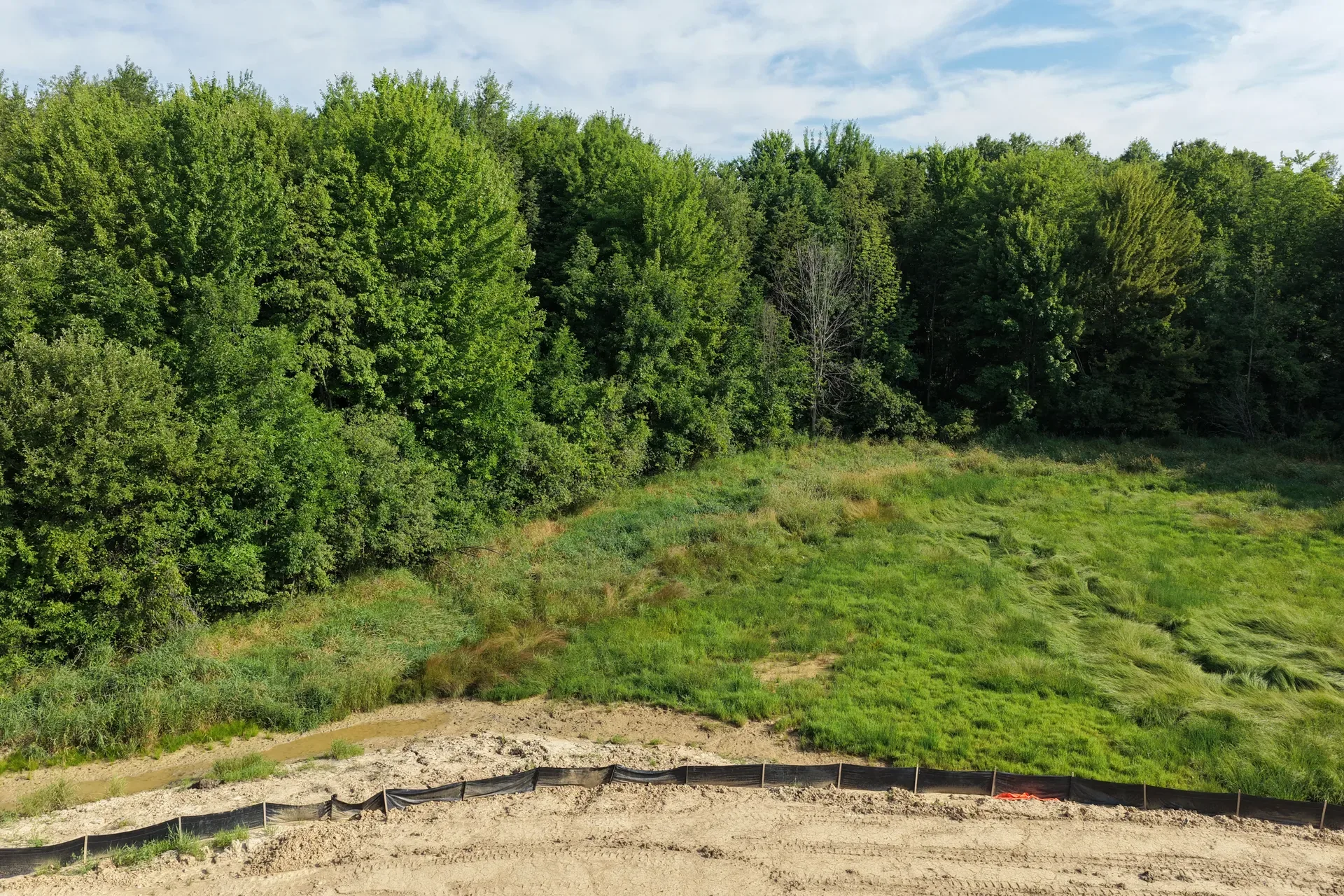 Drone aerial of undeveloped land clearing at Oaks of Tyrone showing the transition from forest to building site