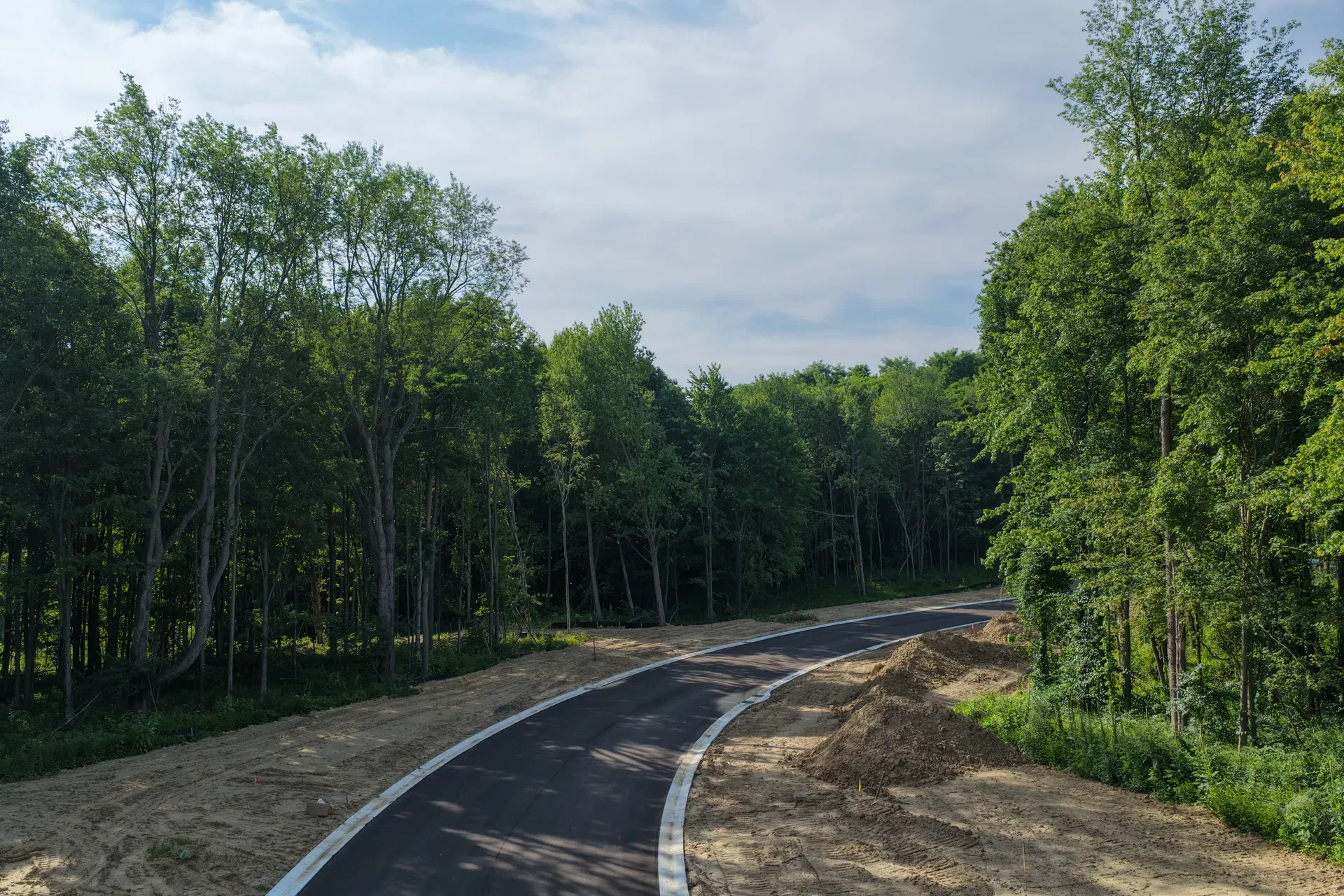 Aerial view of a new paved street winding through the forest at Oaks of Tyrone with wooded homesites on both sides