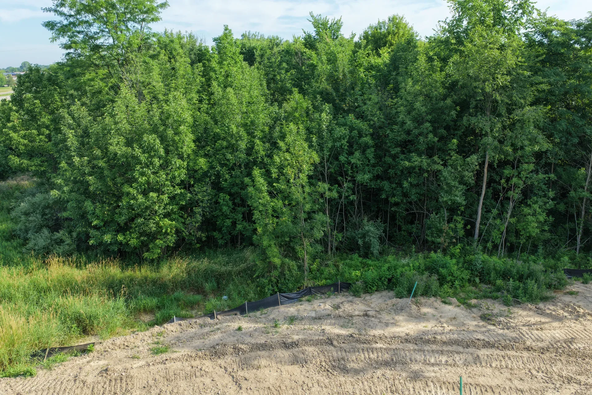 Aerial view of a wooded lot border at Oaks of Tyrone showing the natural property line defined by mature trees
