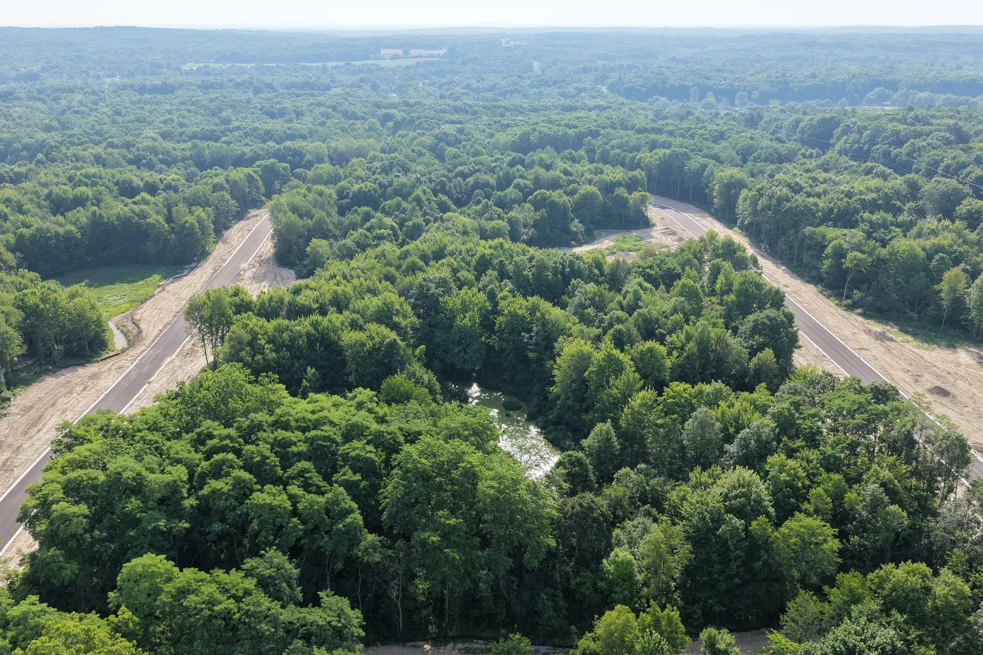 Aerial drone of another undeveloped wooded lot at Oaks of Tyrone with mixed hardwood and evergreen trees