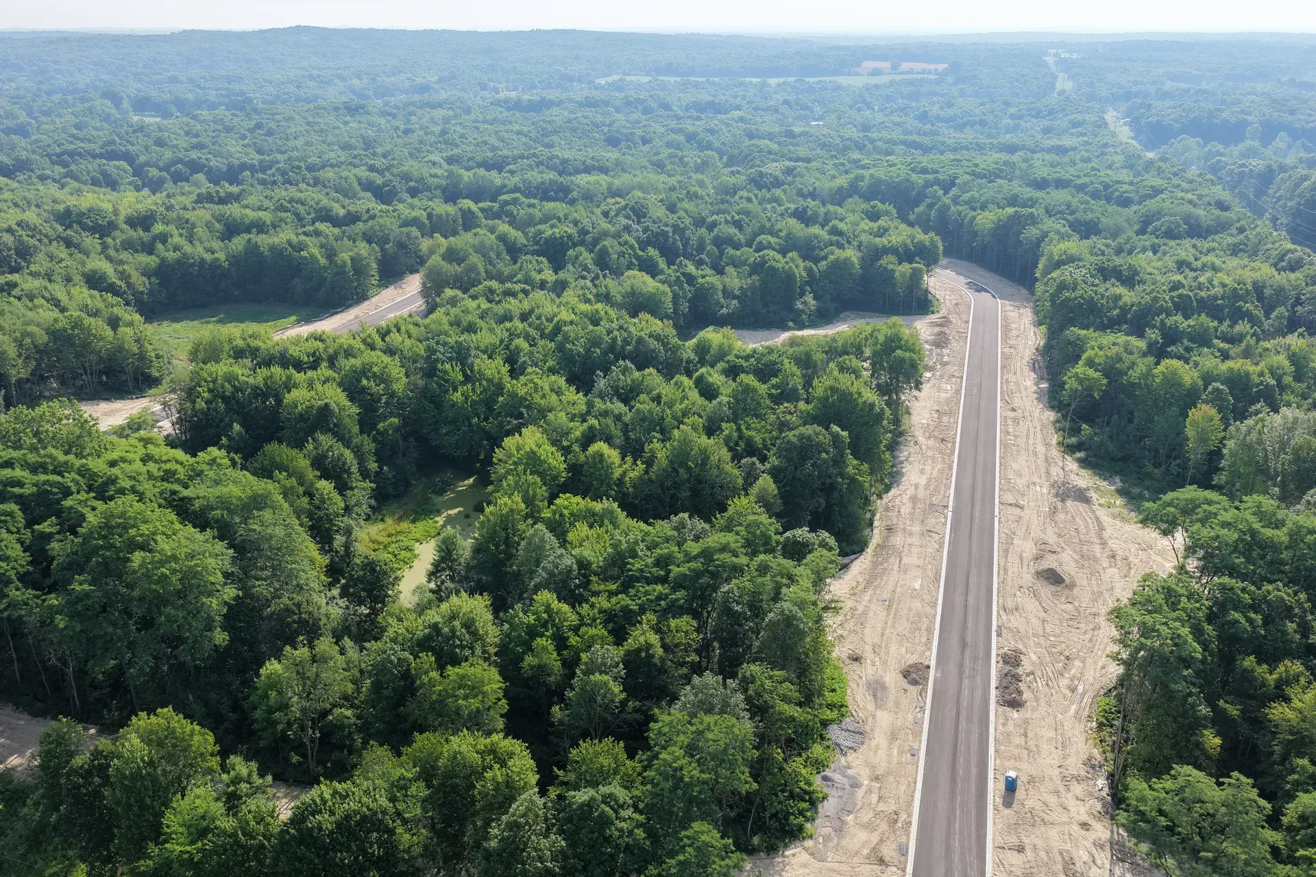 Aerial view of the main development road at Oaks of Tyrone cutting through wooded acreage with homesites on both sides