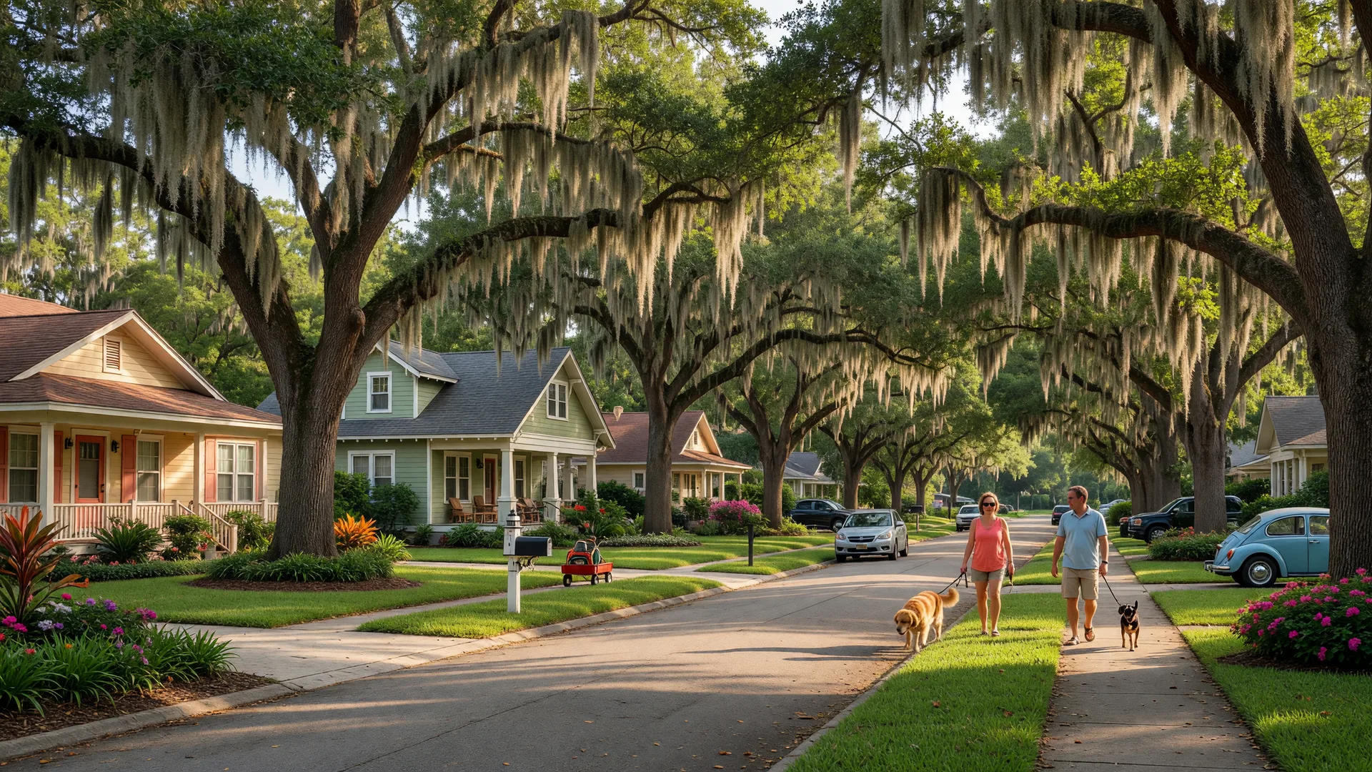 Quiet residential street lined with live oak trees and traditional homes