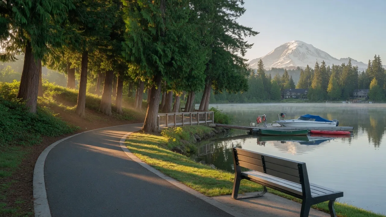 Pacific Northwest waterfront park with walking trail along Lake Washington