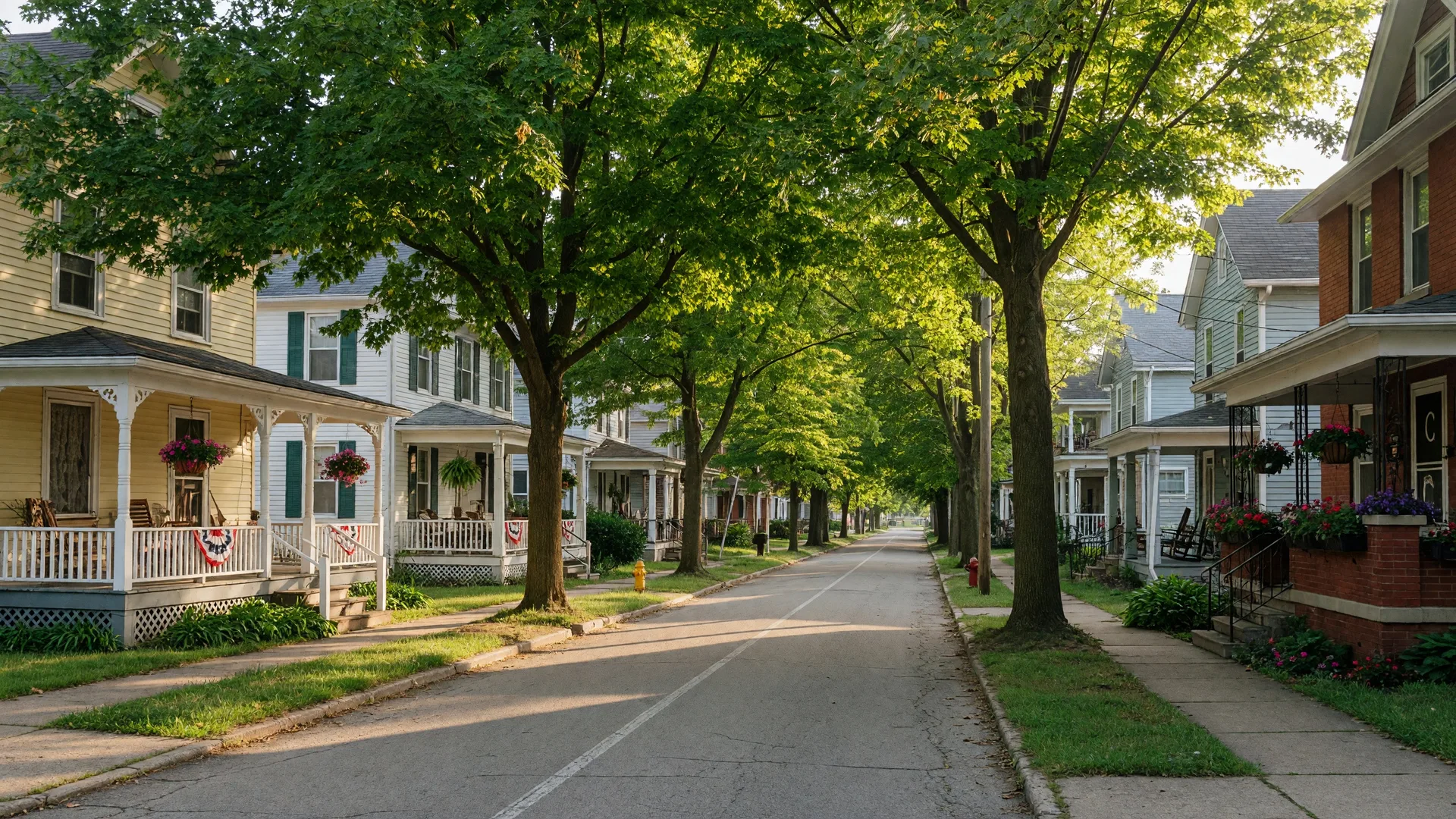 Charming tree-lined street in Crown Point, Indiana