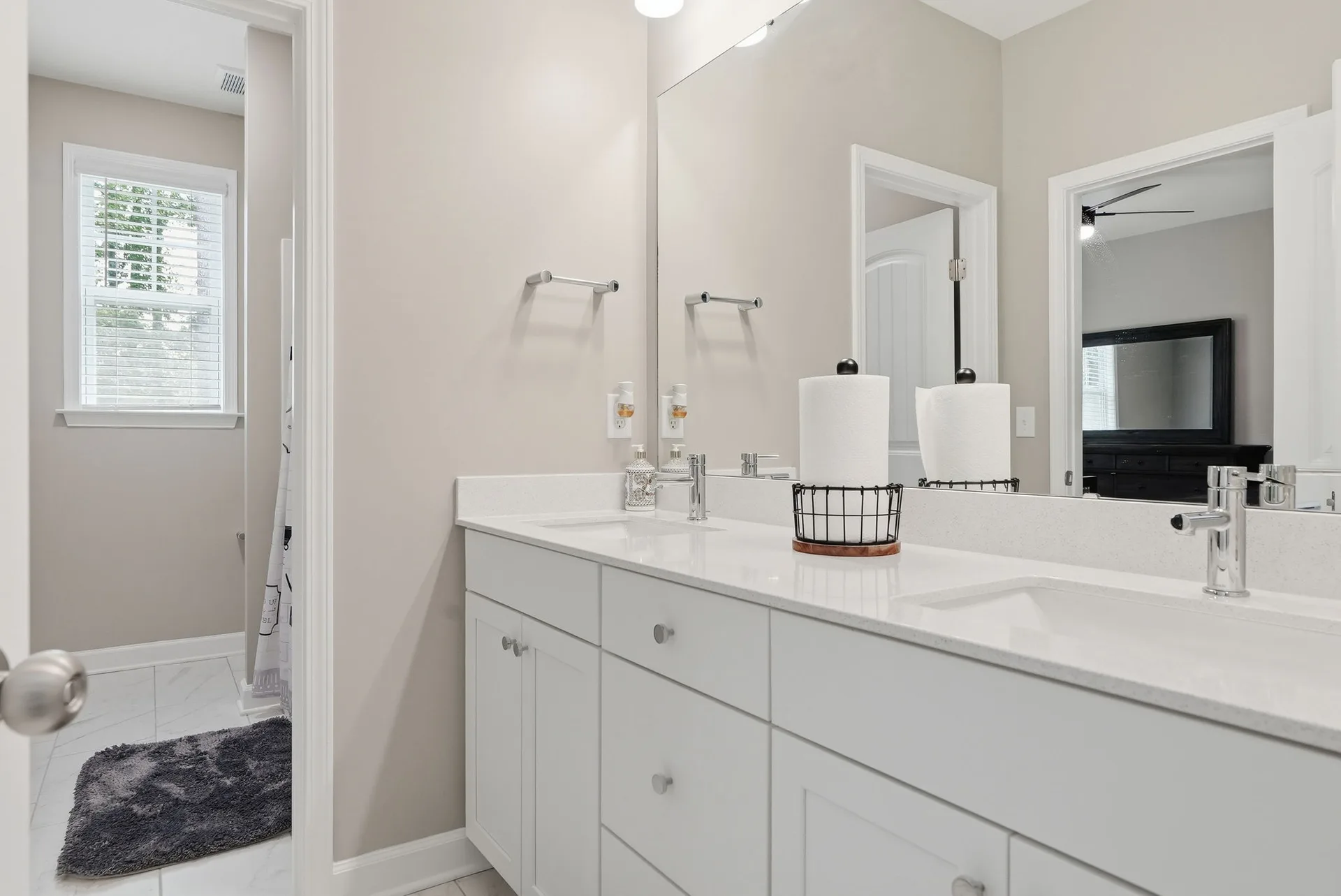 Double vanity with chrome fixtures